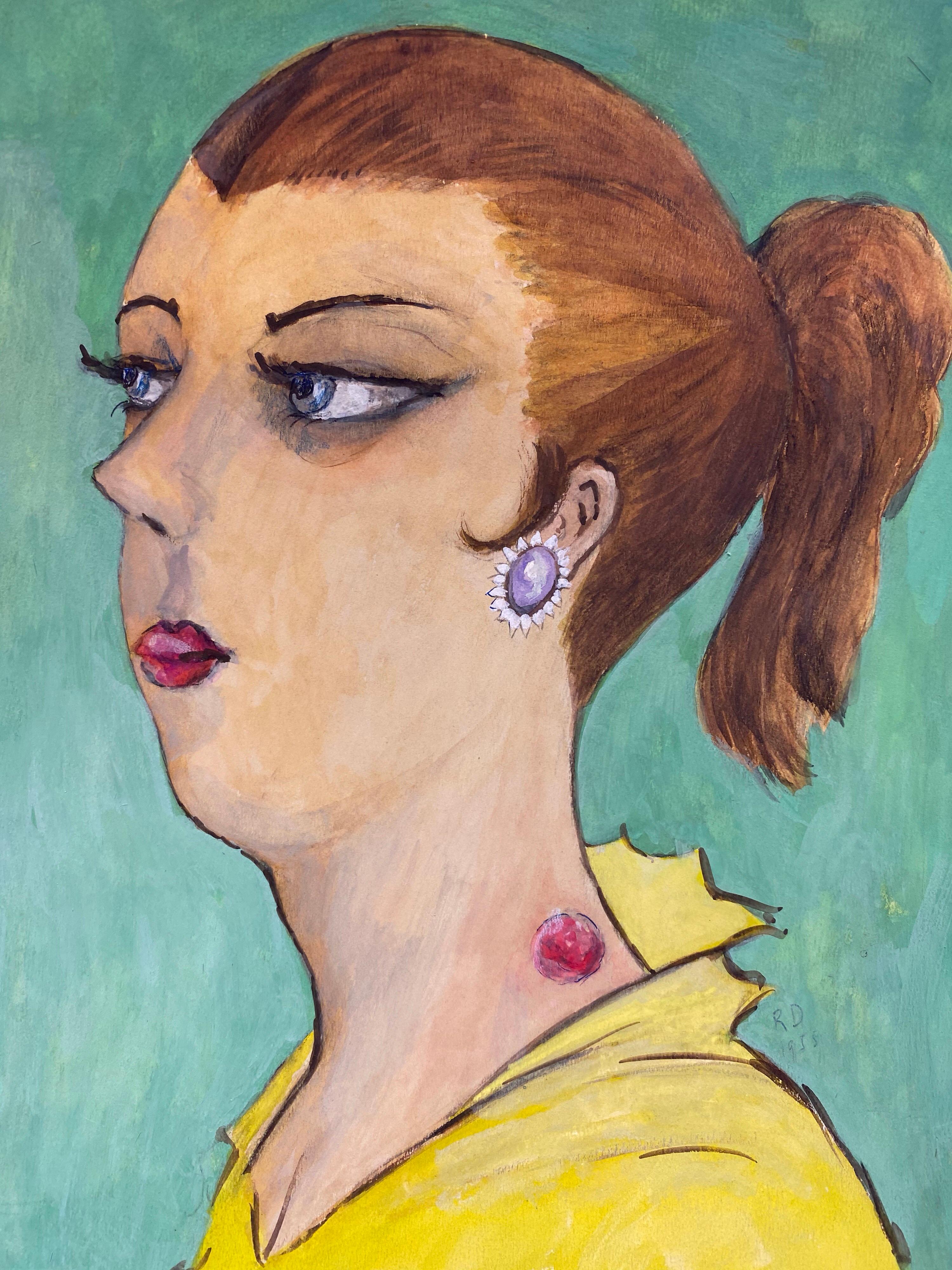 Figurative Painting di Unknown - Ritratto francese degli anni '60 Signora elegante con caricatura del collo