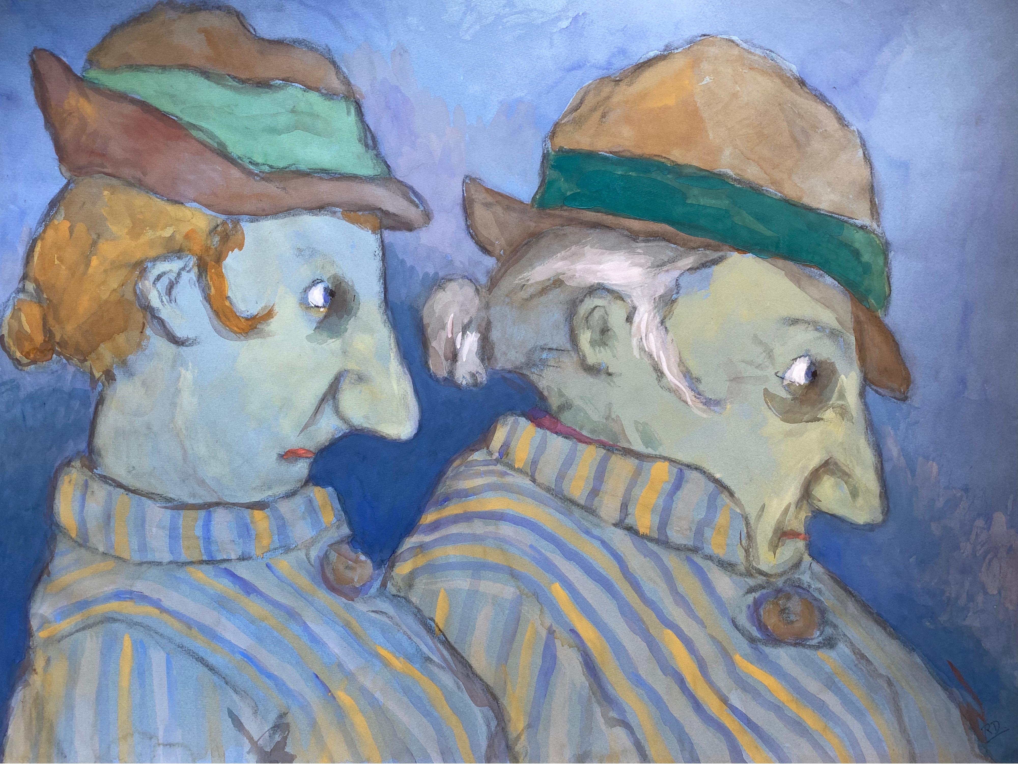 Unknown Figurative Painting - 1960's French Portrait Female Detectives, Capes & Hats - Caricatures