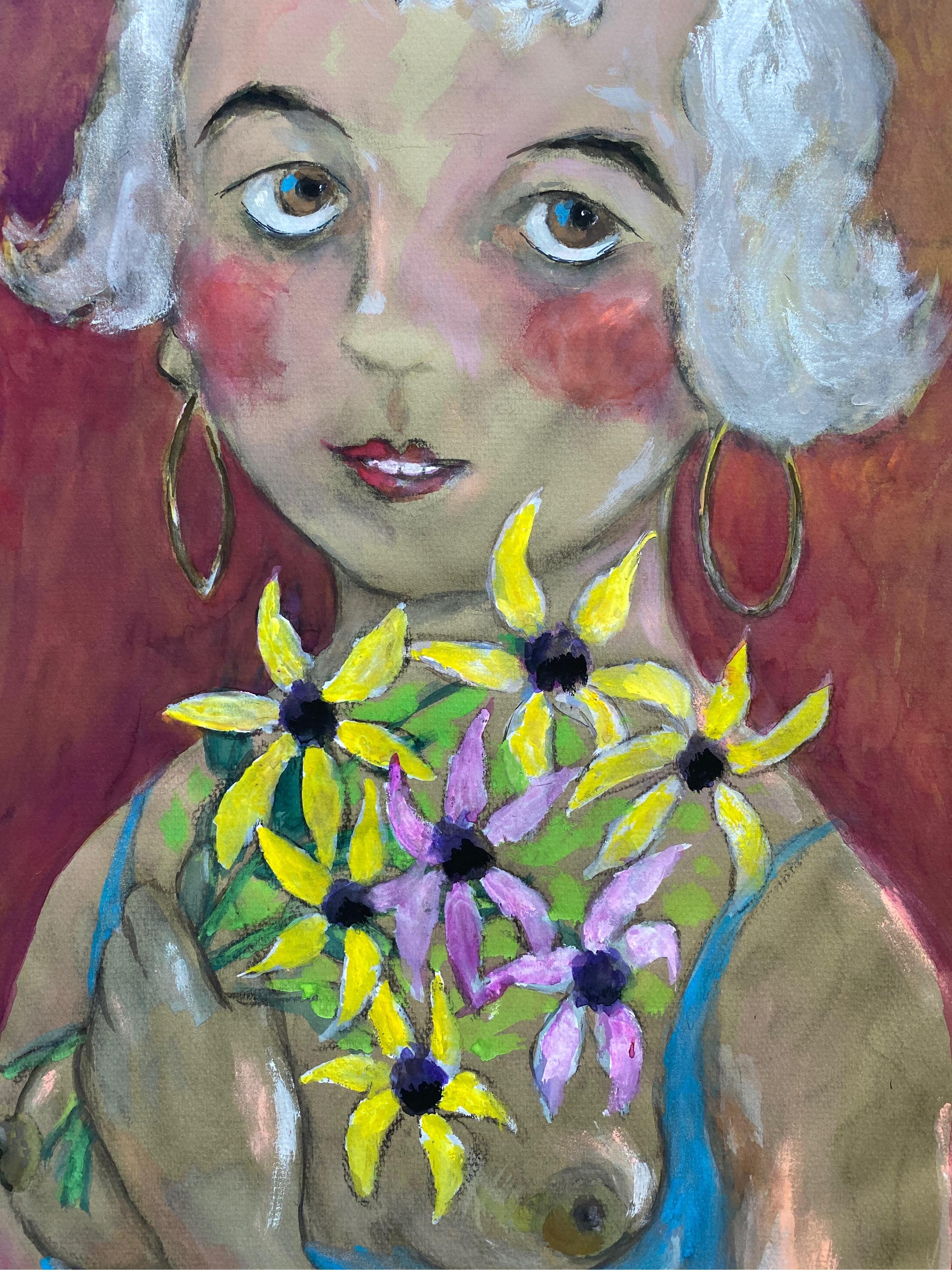Portrait de jeune fille à fleurs, caricature française, années 1960 - Painting de Unknown