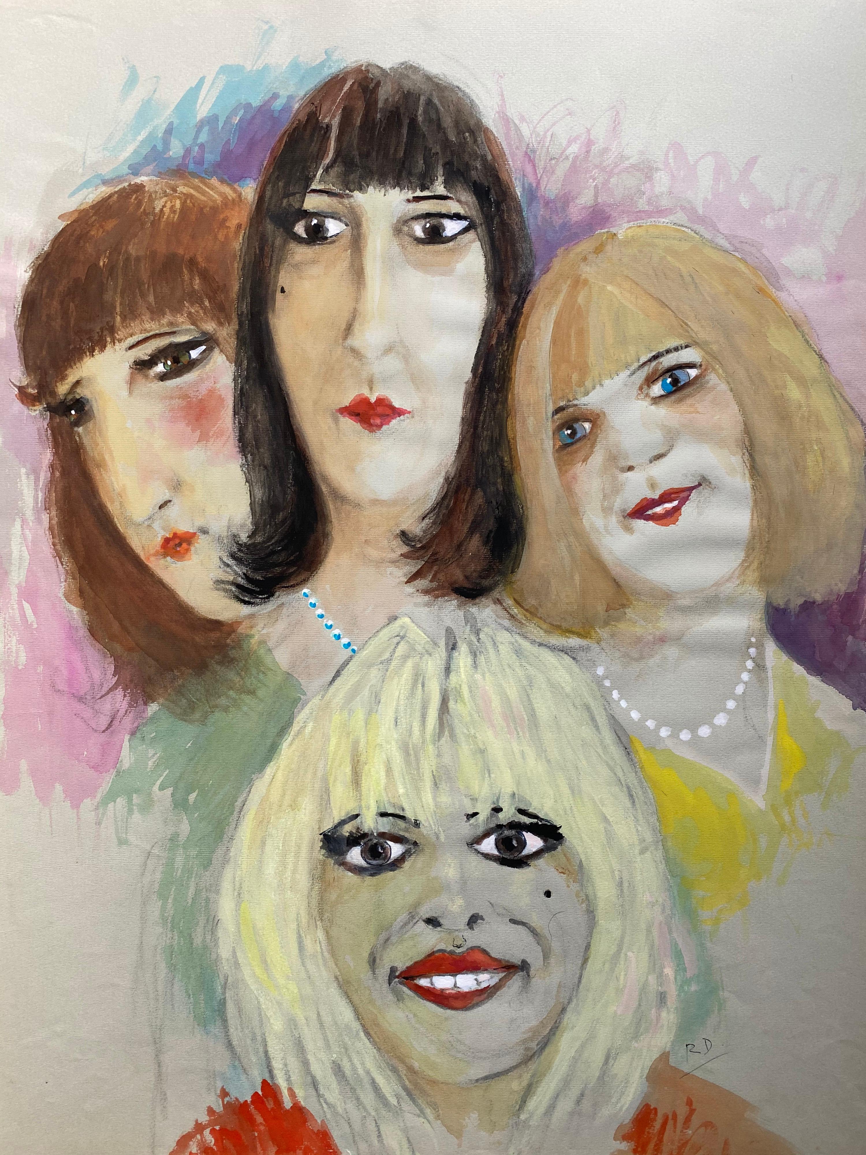 1960er Jahre Französisches Porträt Vier Damen-Karikaturen