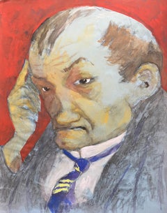 French Mid Century Character Portrait Gouache Expressive Male Figure Red Ground