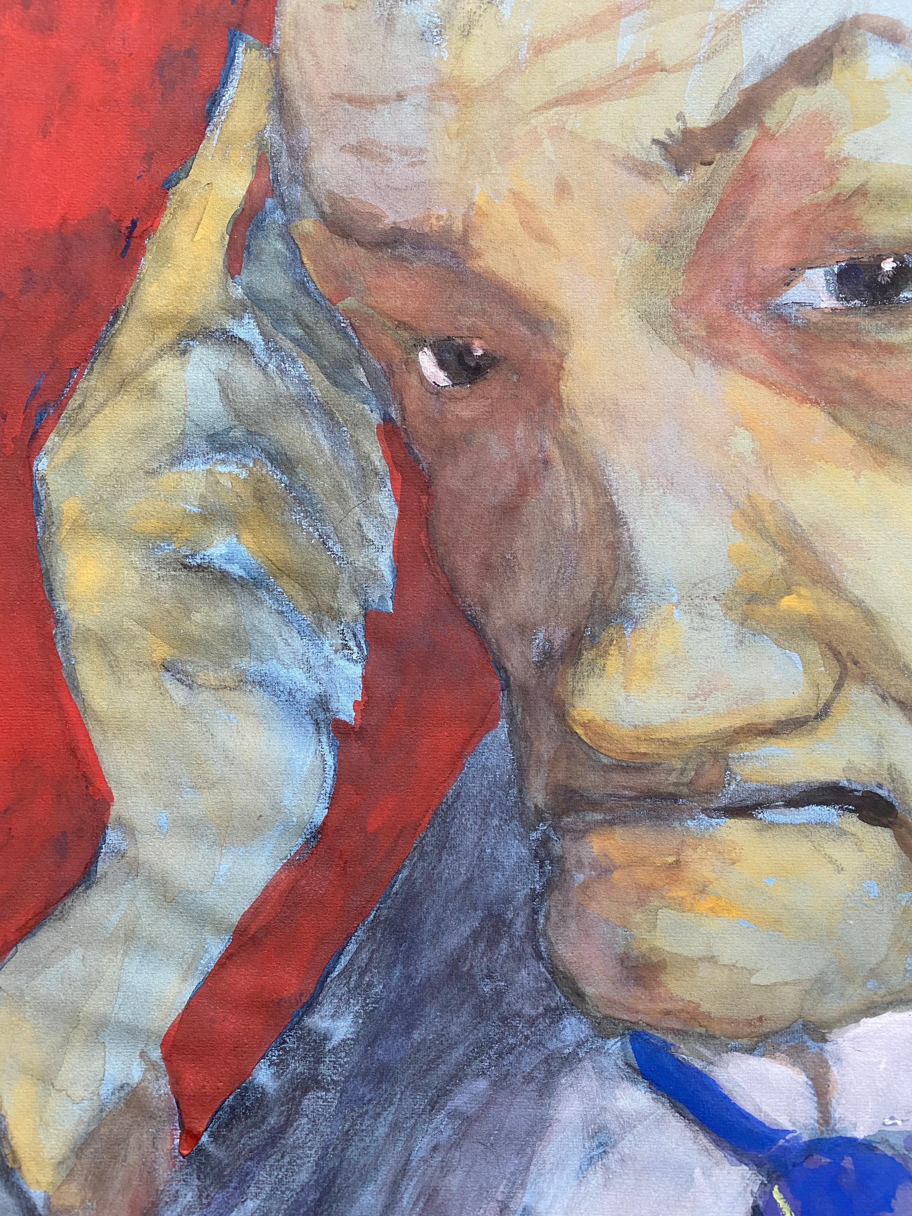 1960's French Portrait Gentleman in Deep Thought, Caricature - Brown Portrait Painting by Unknown