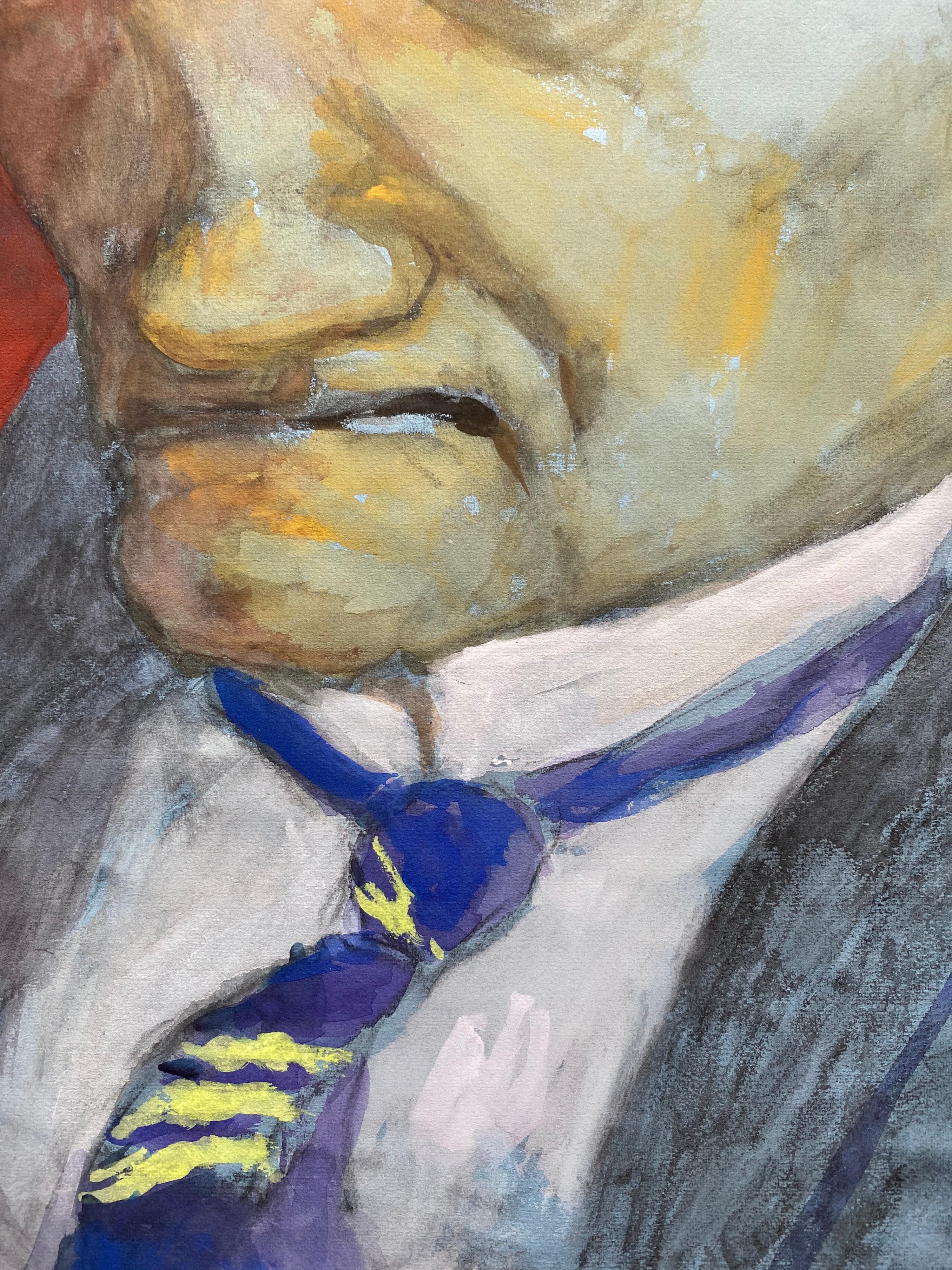 Französisches Porträt eines Gentleman aus den 1960er Jahren in tiefer Überlegung, Karikatur (Braun), Figurative Painting, von Unknown