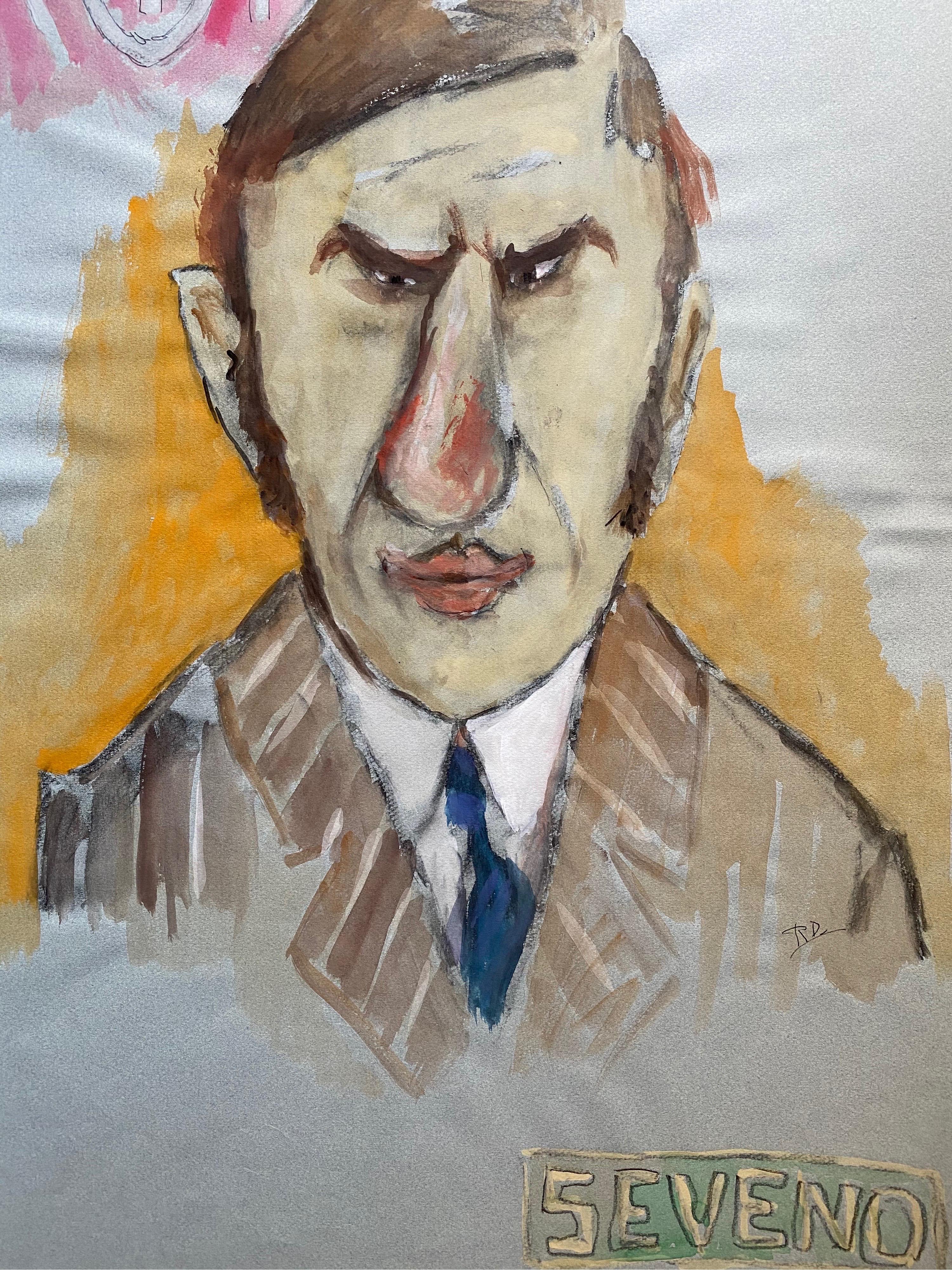 1960's French Portrait Grumpy Man Caricature - Painting by Unknown