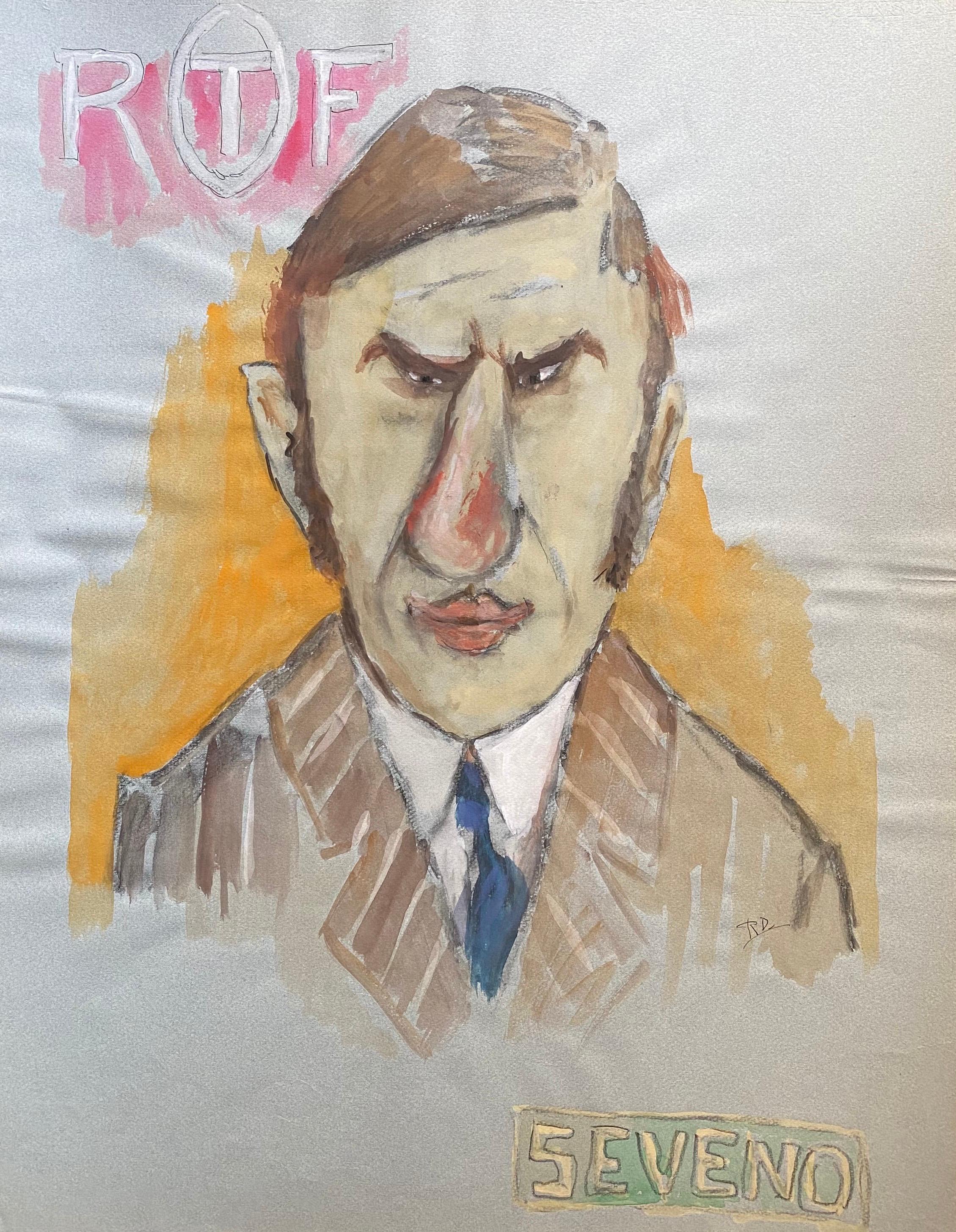 1960's French Portrait Grumpy Man Caricature - Brown Portrait Painting by Unknown