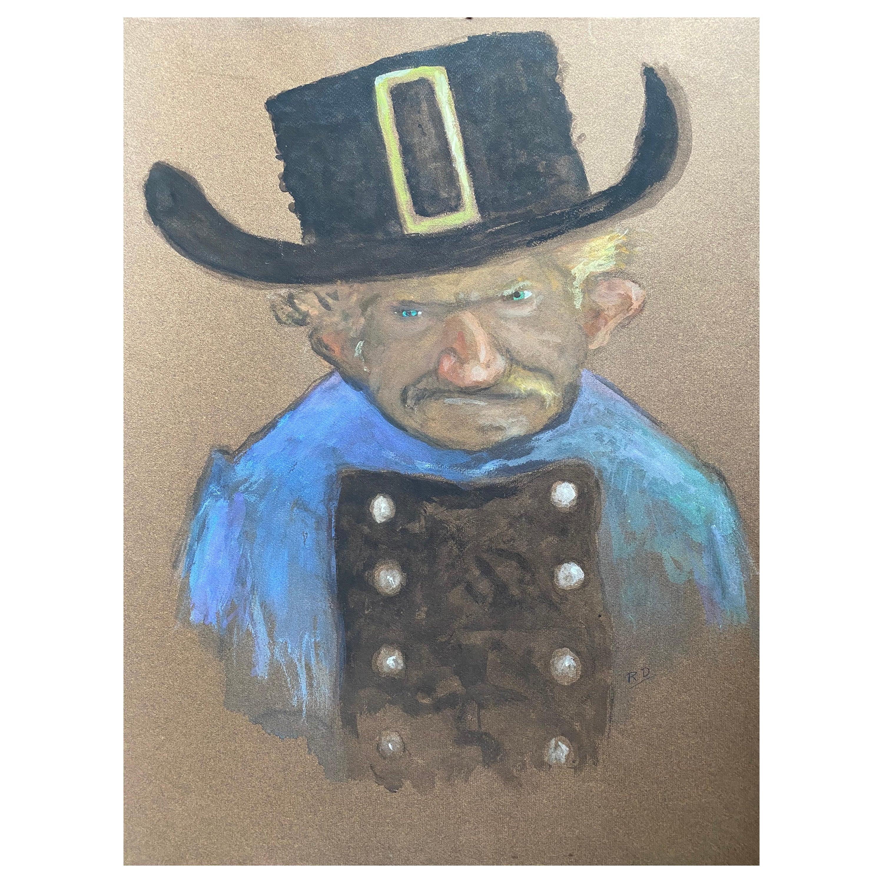 Unknown Portrait Painting - 1960's French Portrait Grumpy Man Caricature