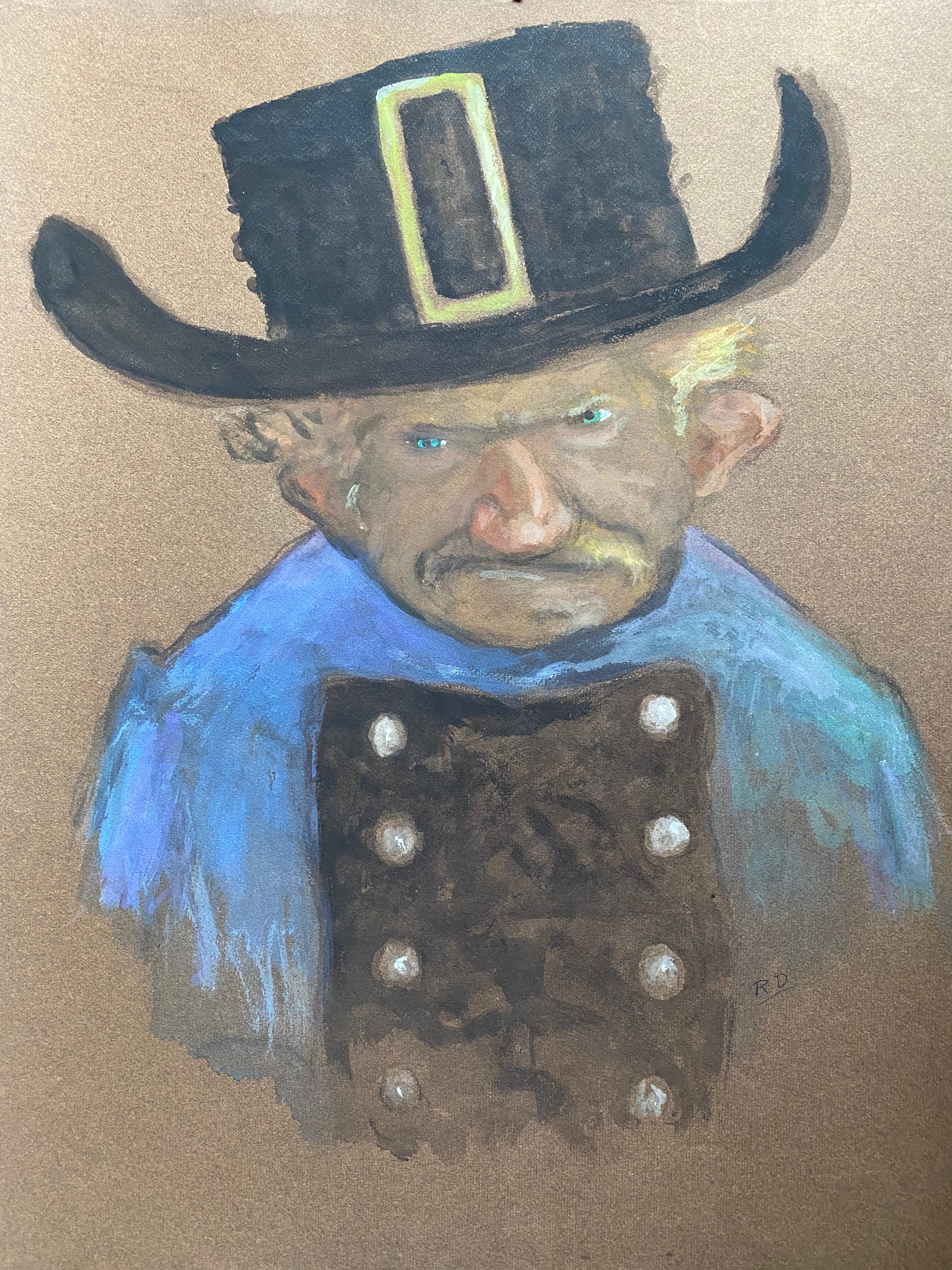 Unknown Figurative Painting - 1960's French Portrait Grumpy Man Caricature