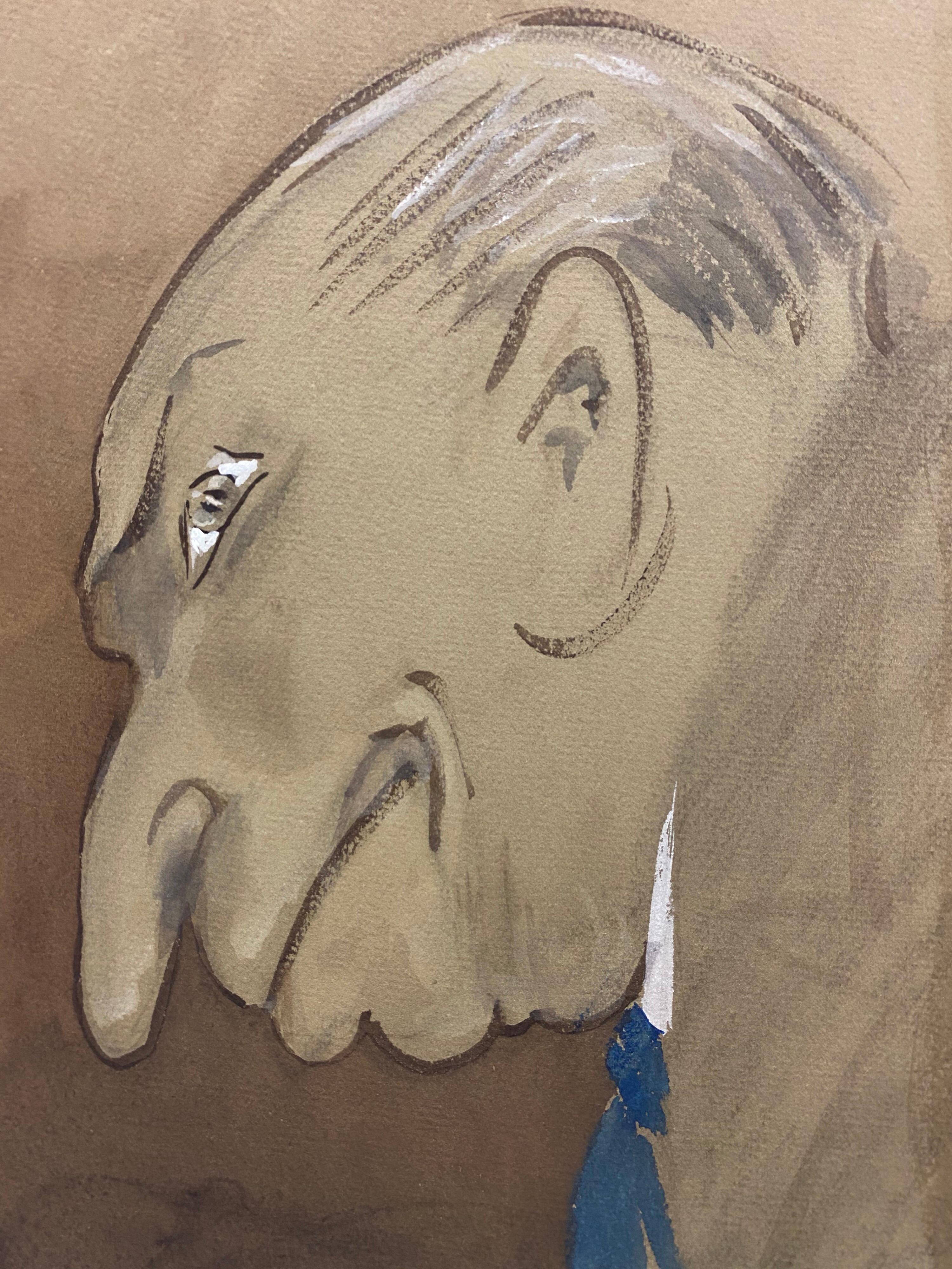 1960's French Portrait Hunched Old Man Caricature - Painting by Unknown