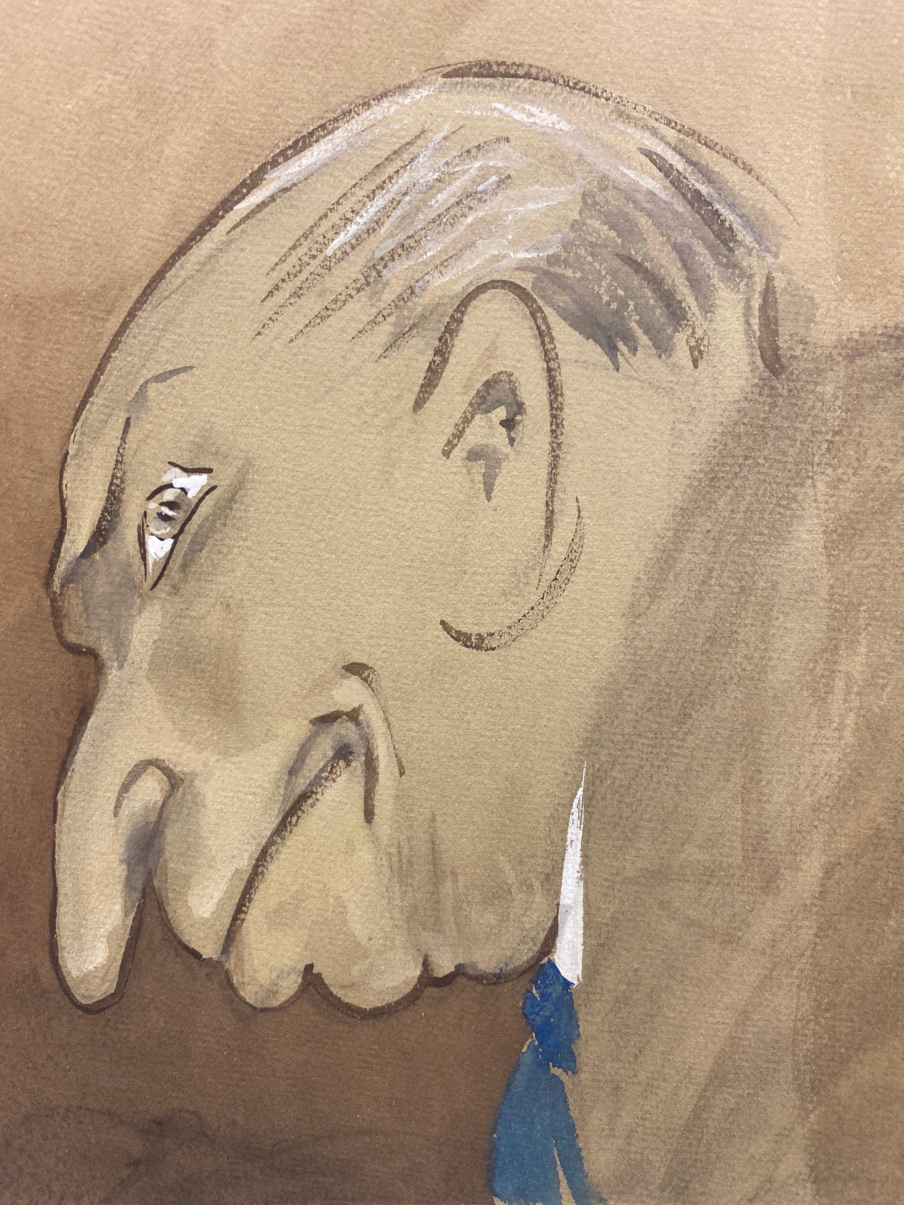 1960's French Portrait Hunched Old Man Caricature - Brown Portrait Painting by Unknown