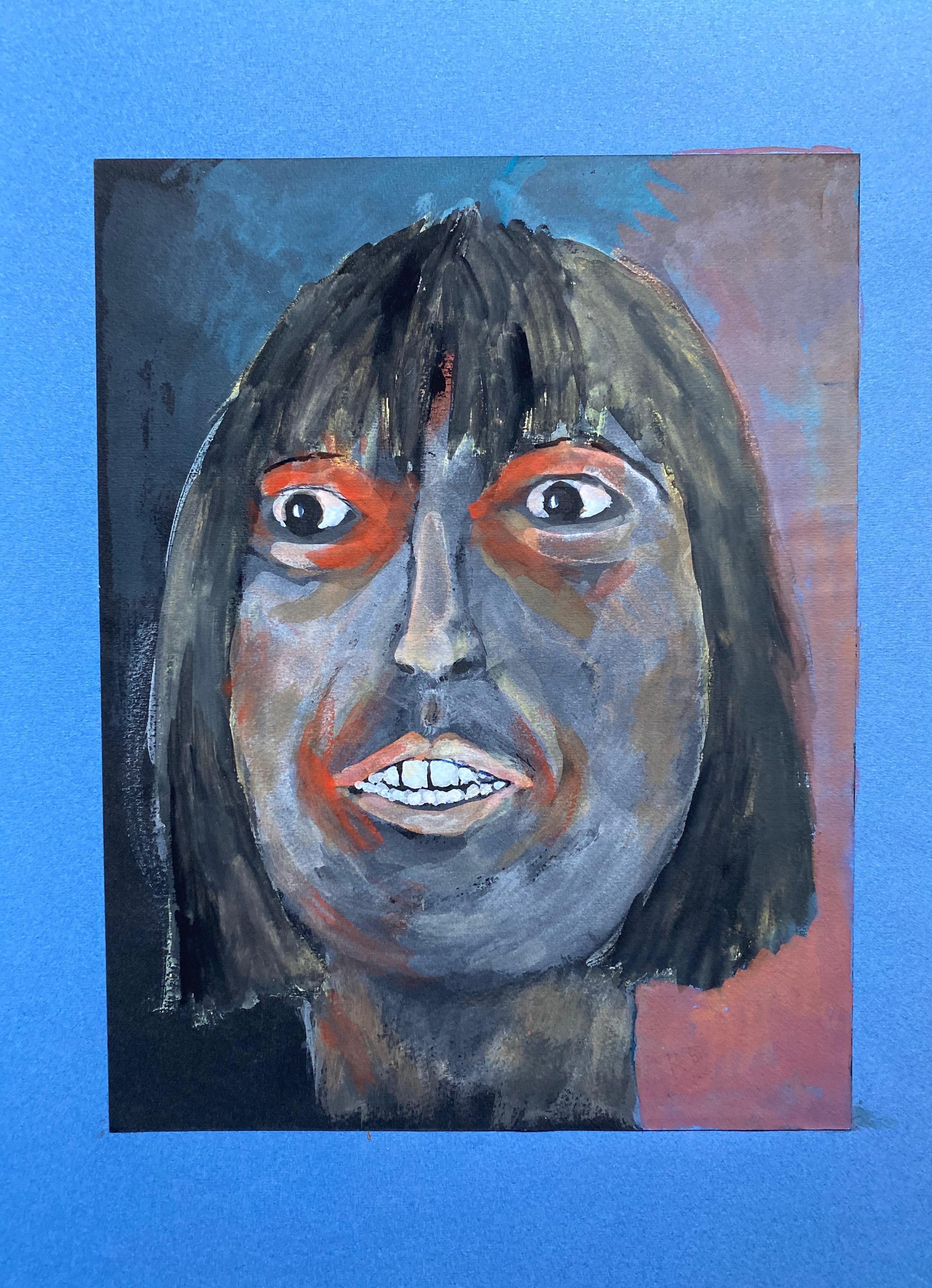1960's French Portrait Intense Close Up Face of Woman - Caricature - Gray Portrait Painting by Unknown