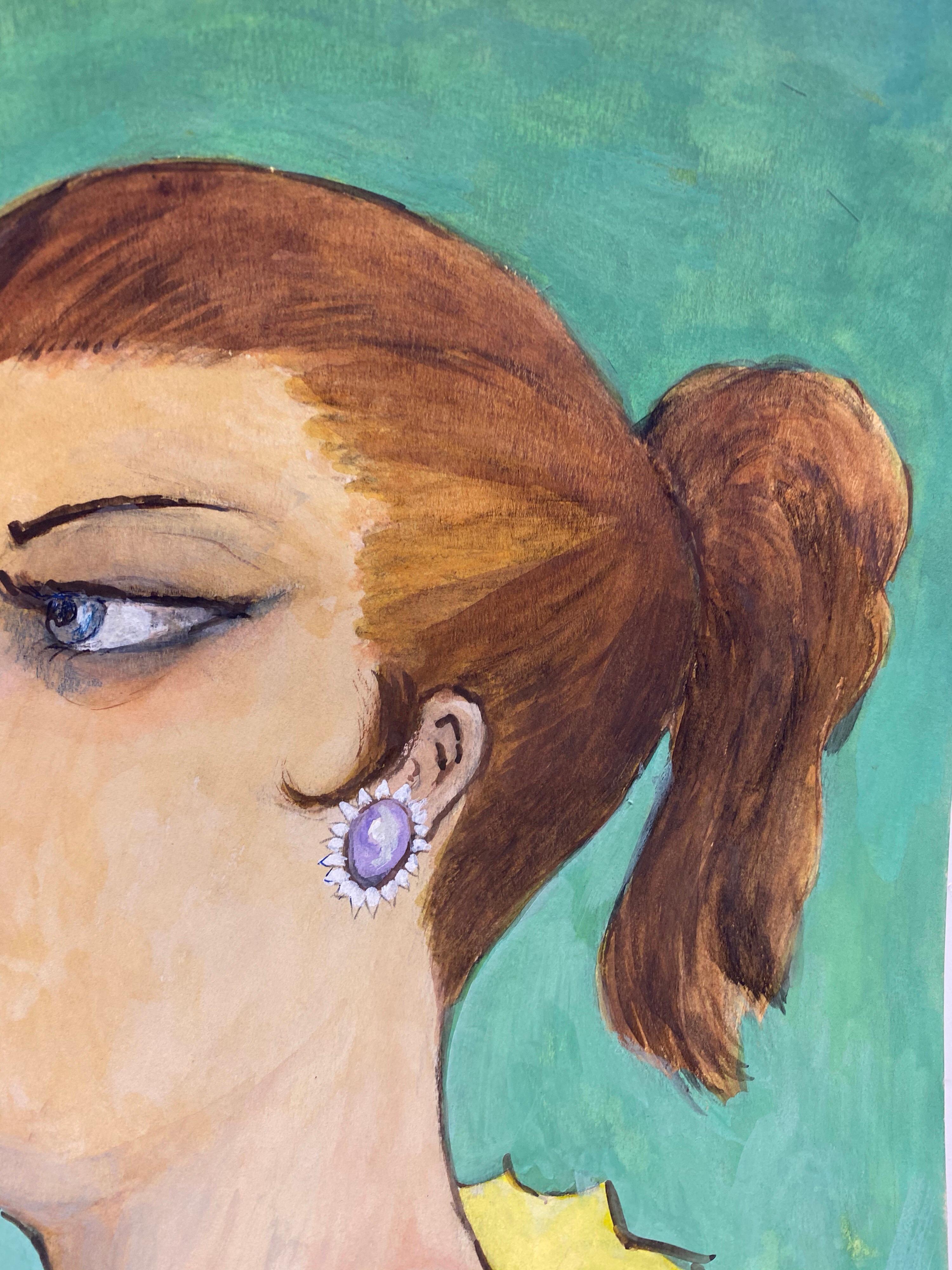 Retrato francés de 1960 Caricatura de dama de perfil lateral - Painting de Unknown