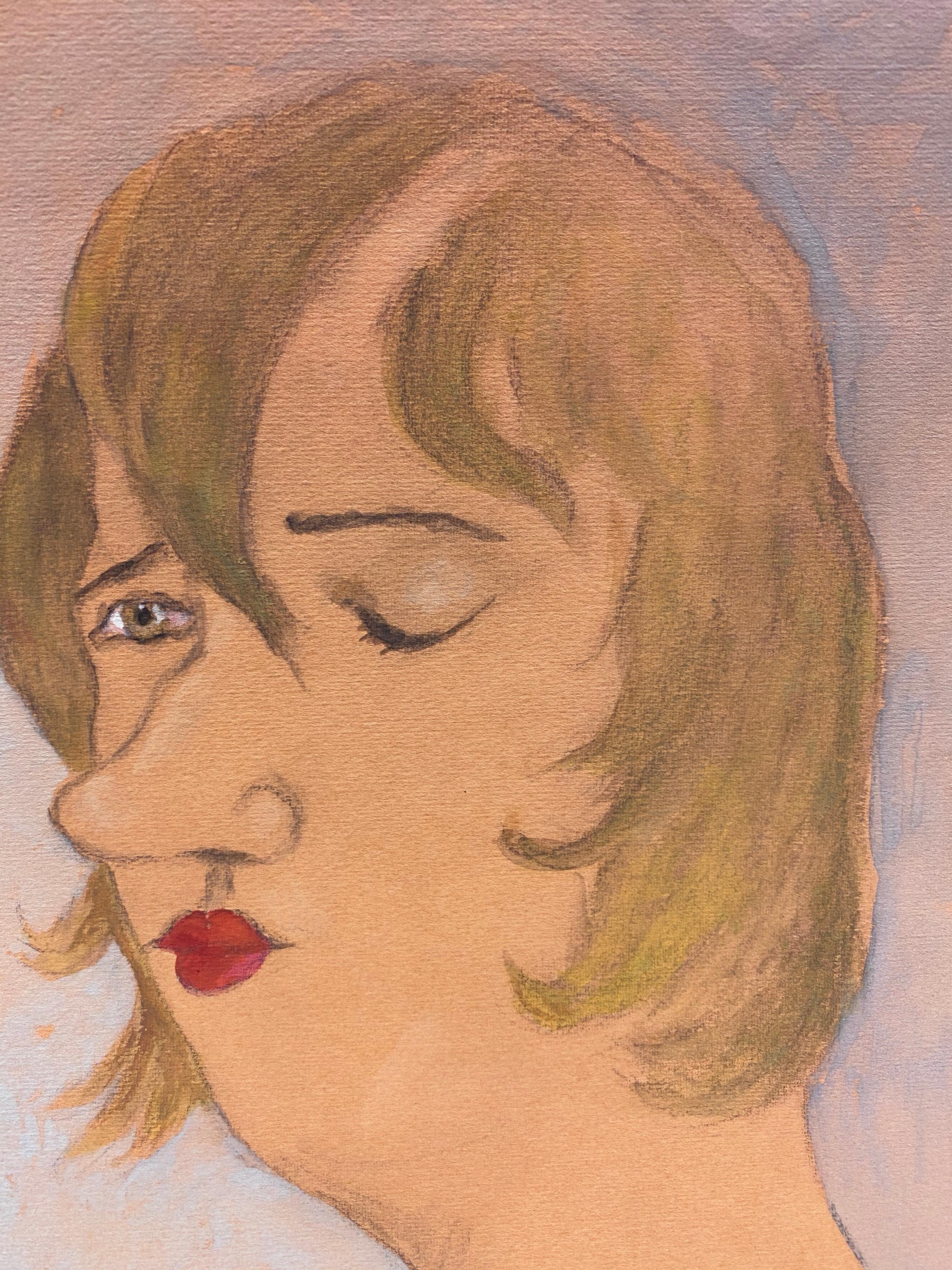1960's French Portrait Lady with Closed Eye Caricature - Brown Portrait Painting by Unknown