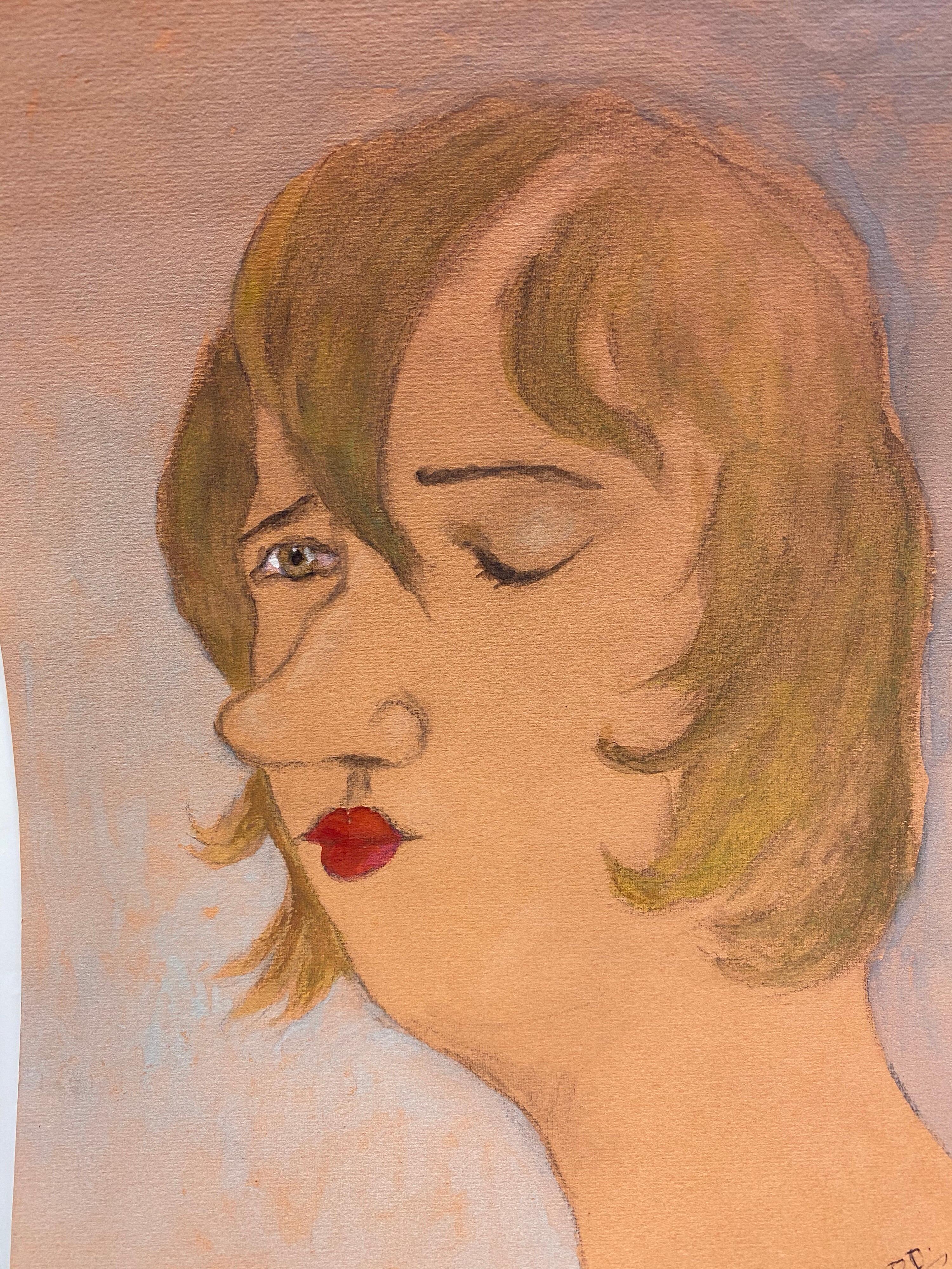 1960's French Portrait Lady with Closed Eye Caricature For Sale 2