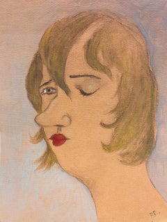1960's French Portrait Lady With Closed Eye Caricature