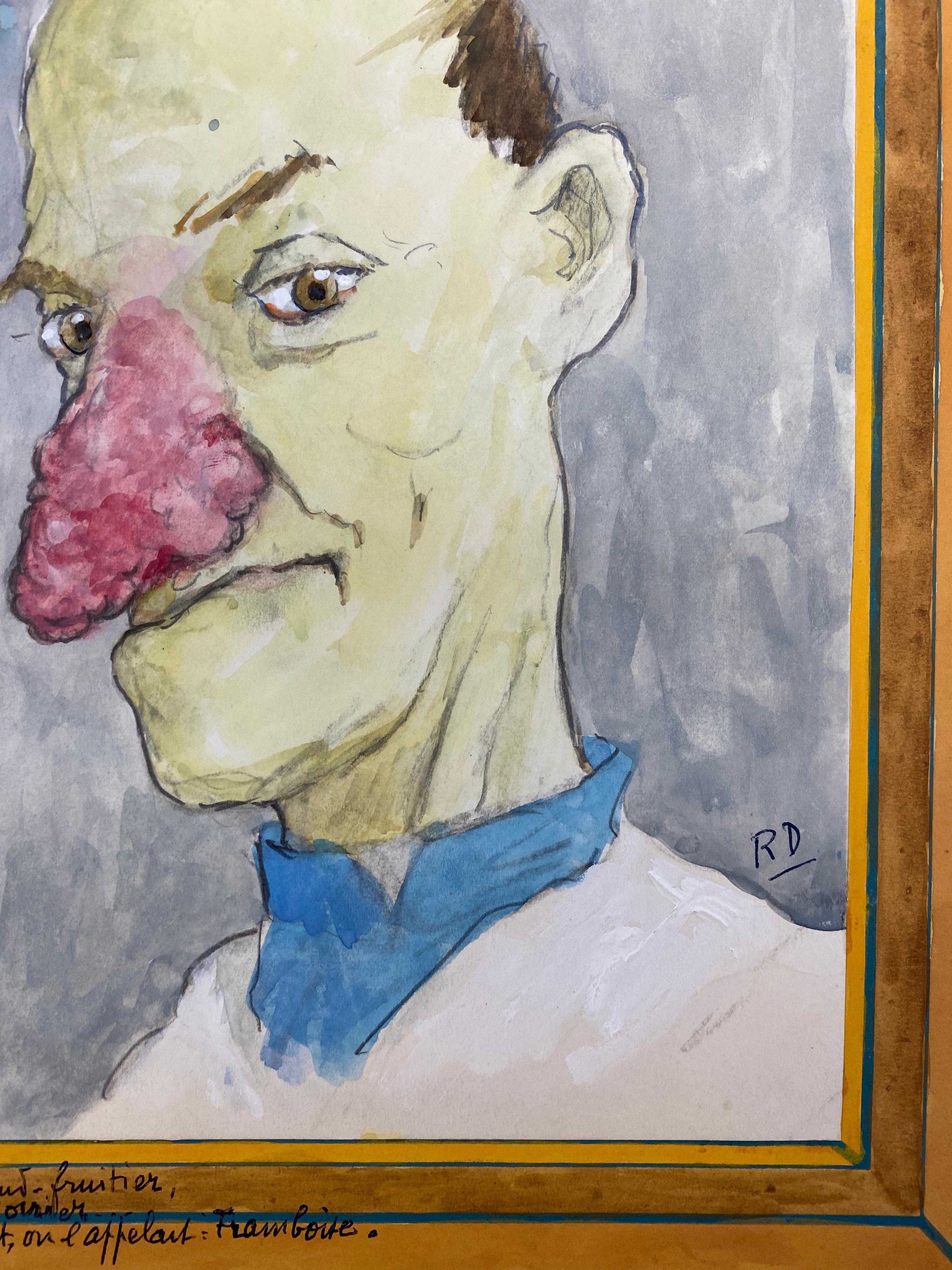 1960's French Portrait Man Very Red Nose Caricature - Brown Portrait Painting by Unknown