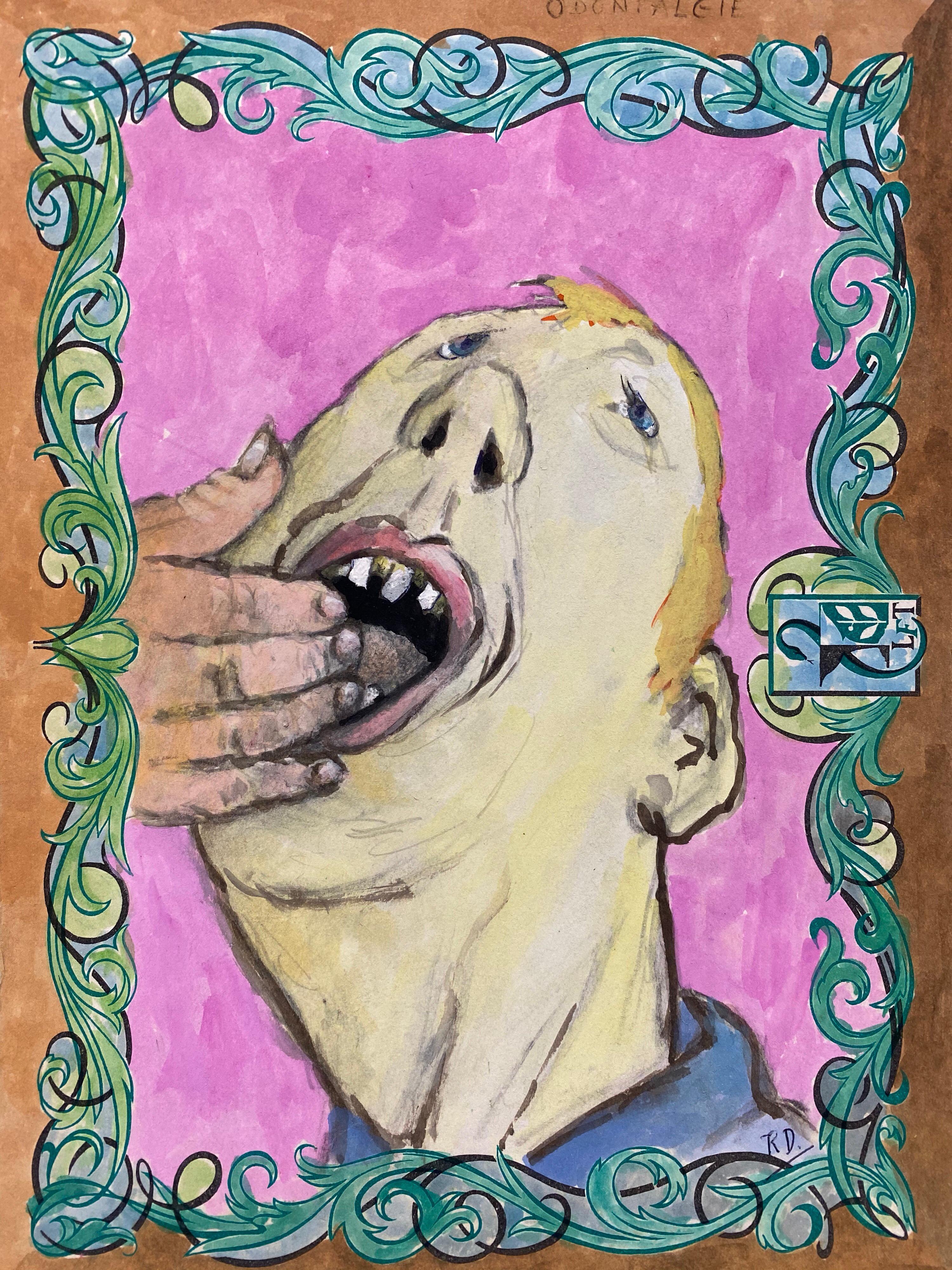1960's French Portrait Man with Fingers in His Mouth Caricature - Painting by Unknown