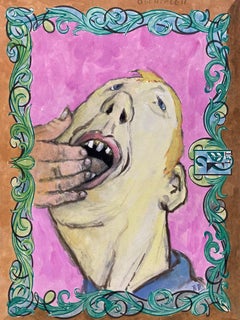 Portrait français des années 1960, homme avec des doigts dans sa bouche, caricature