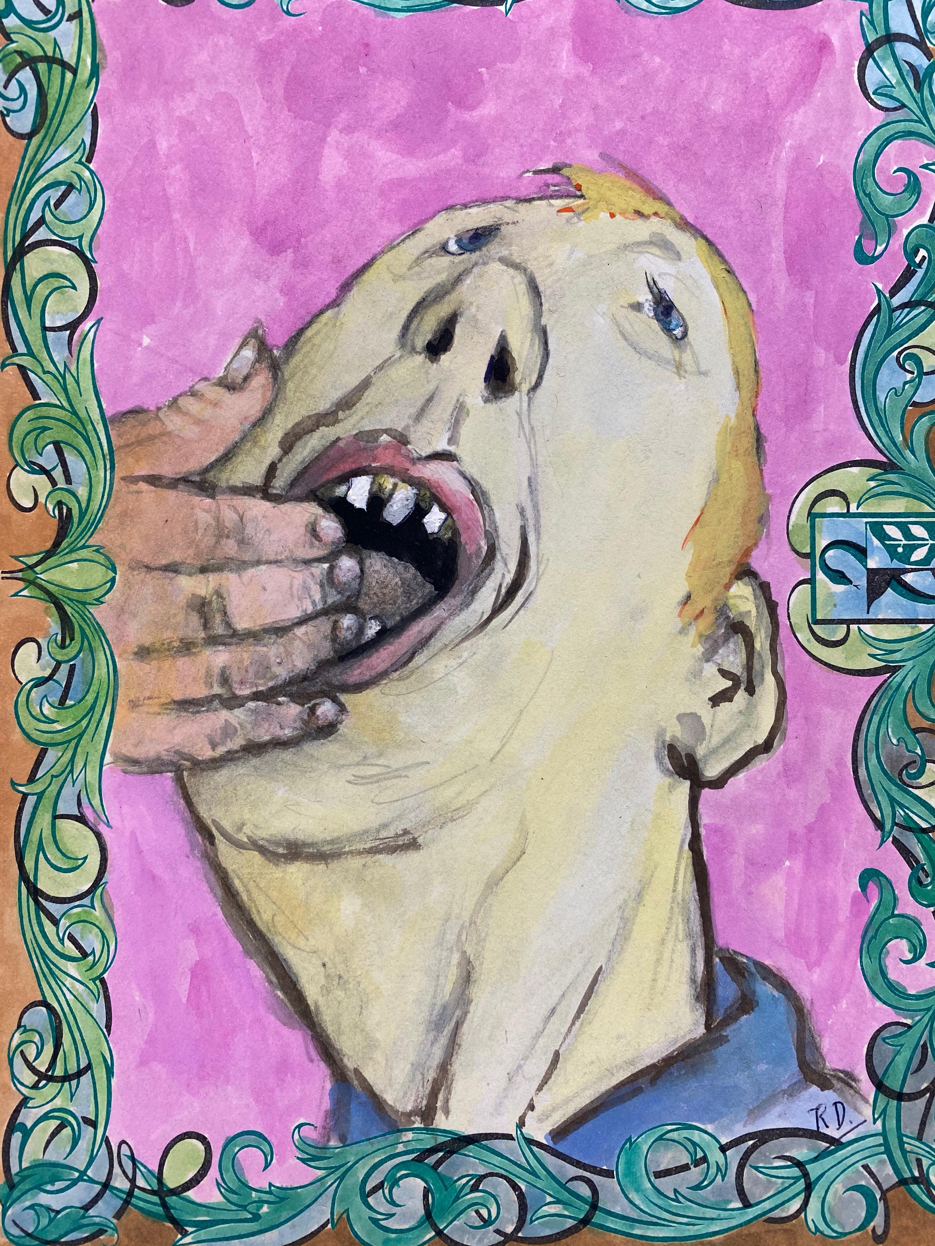 1960's French Portrait Man with Fingers in His Mouth Caricature For Sale 1