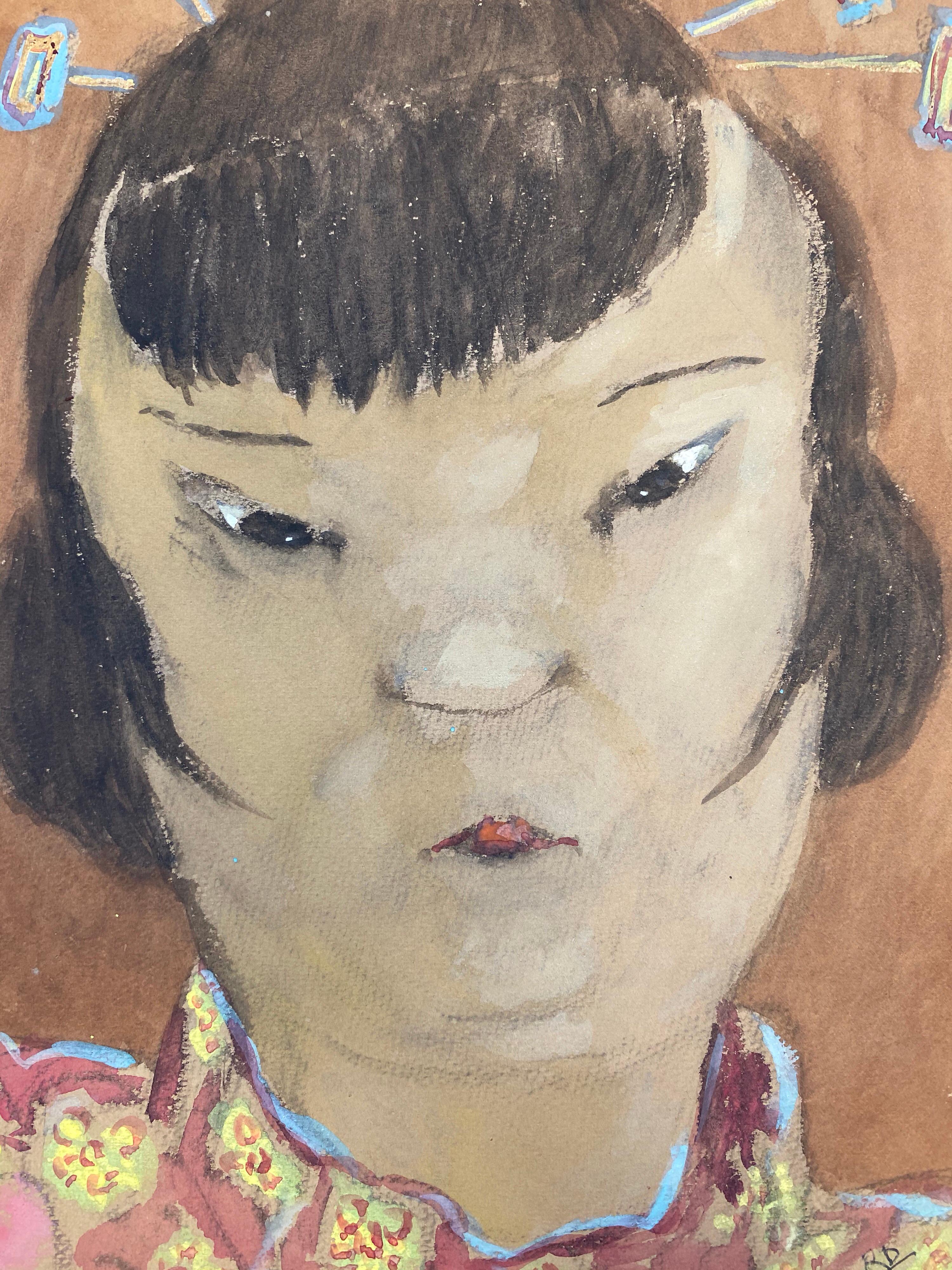 1960's French Portrait Oriental Lady Caricature - Painting by Unknown