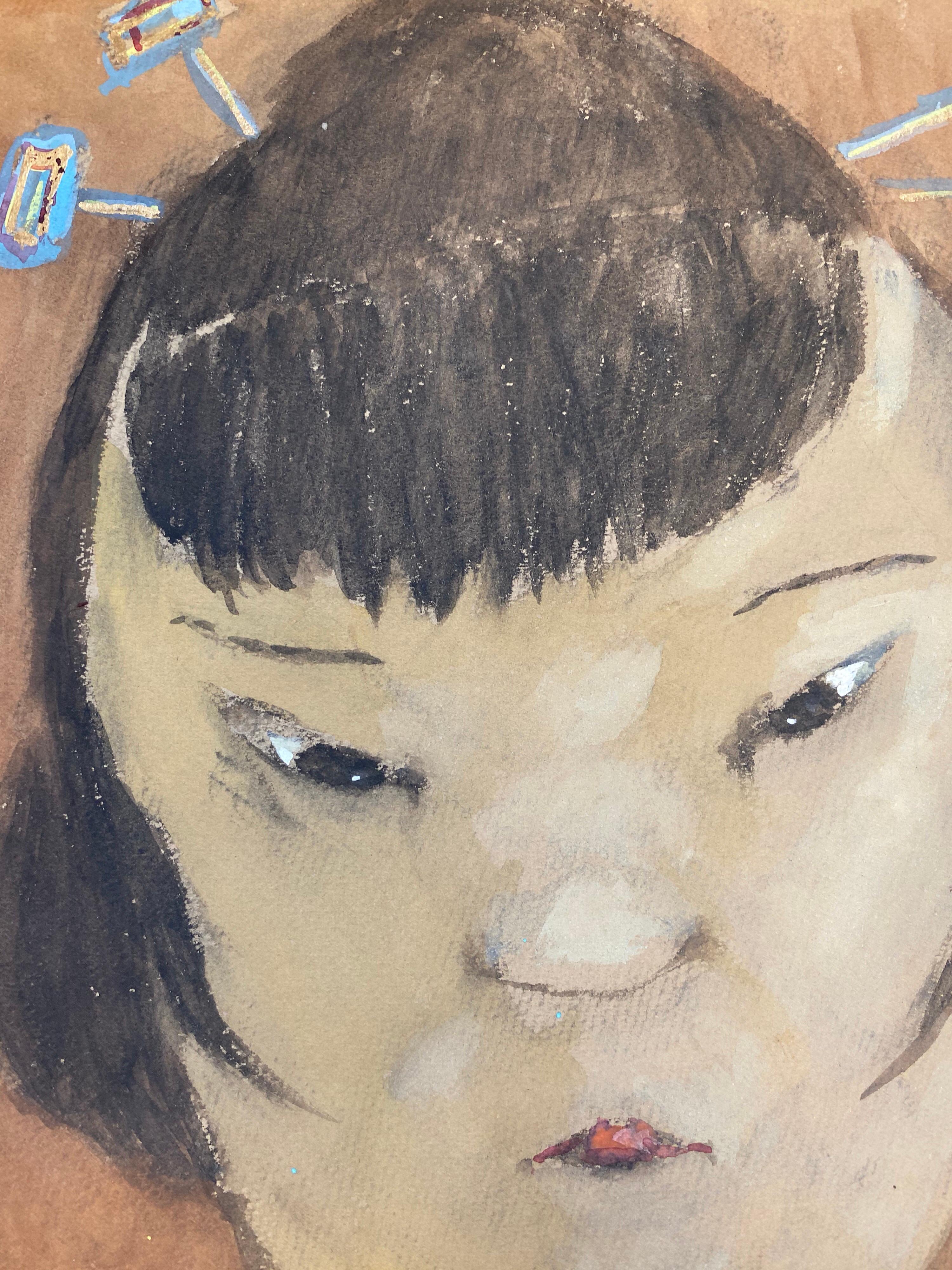 1960's French Portrait Oriental Lady Caricature - Brown Portrait Painting by Unknown