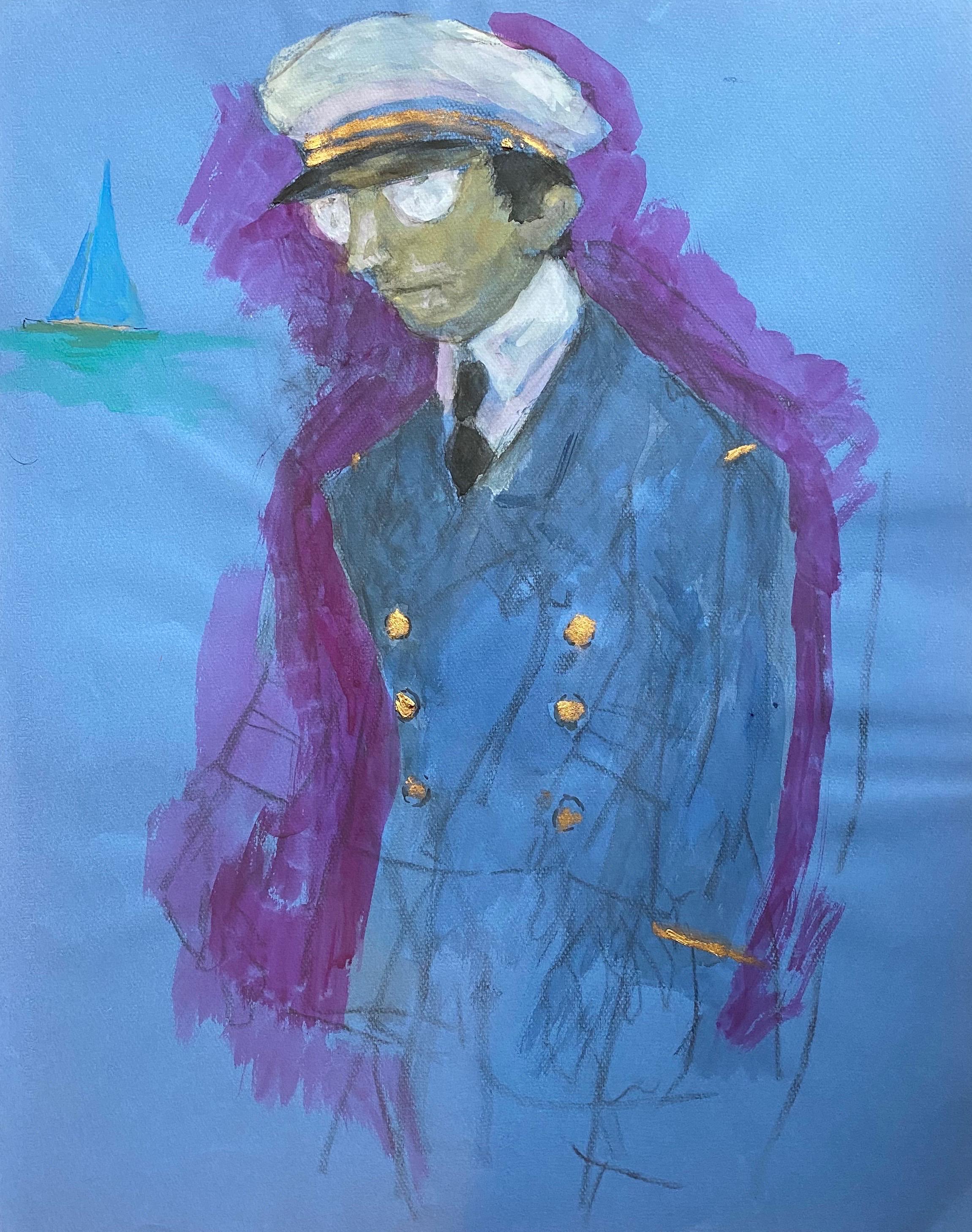 1960's French Portrait Pilot/ Captain Gentleman in Uniform Caricature - Painting by Unknown