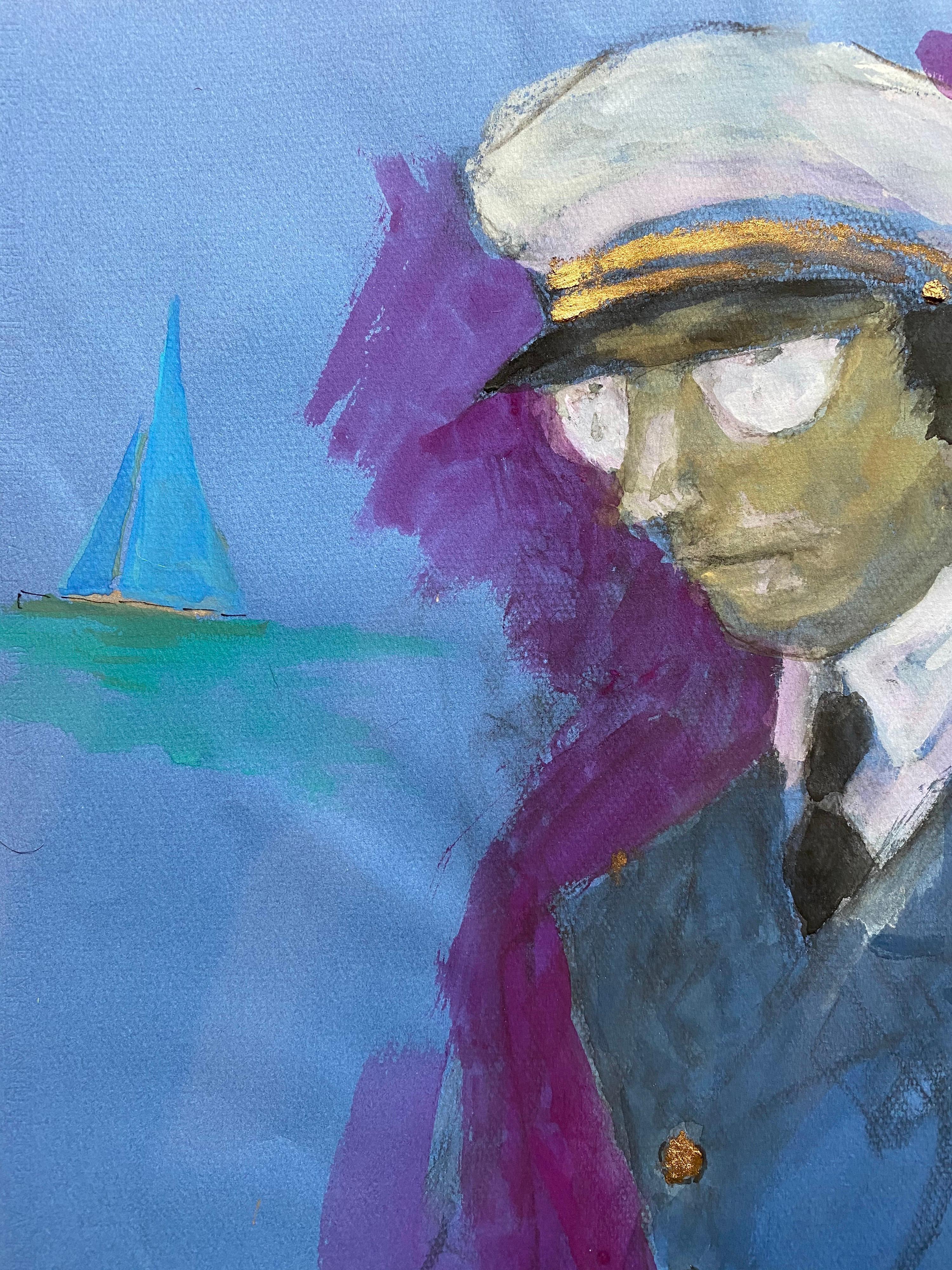1960's French Portrait Pilot/ Captain Gentleman in Uniform Caricature - Purple Portrait Painting by Unknown