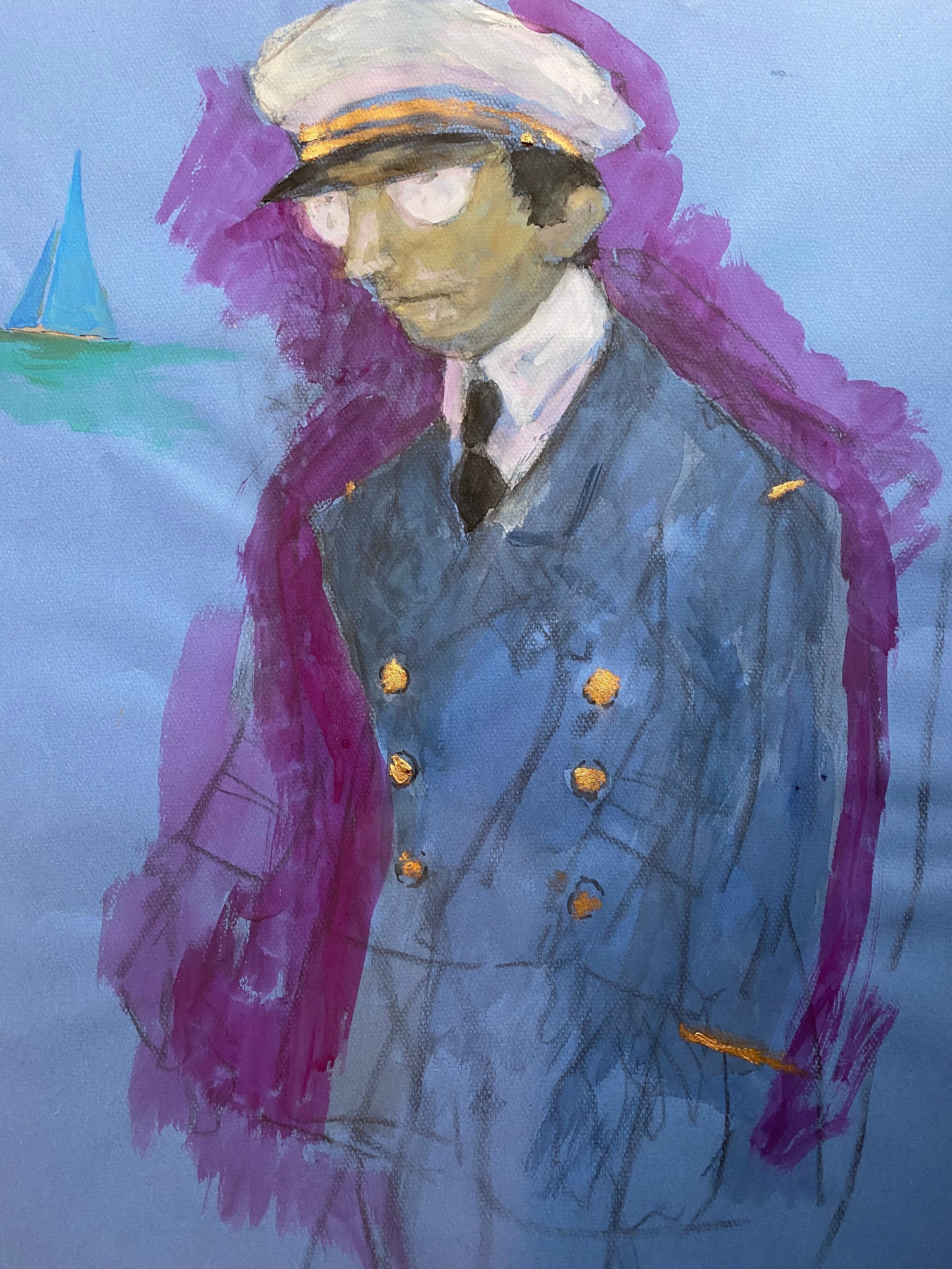 Unknown Figurative Painting - 1960's French Portrait Pilot/ Captain Gentleman in Uniform Caricature