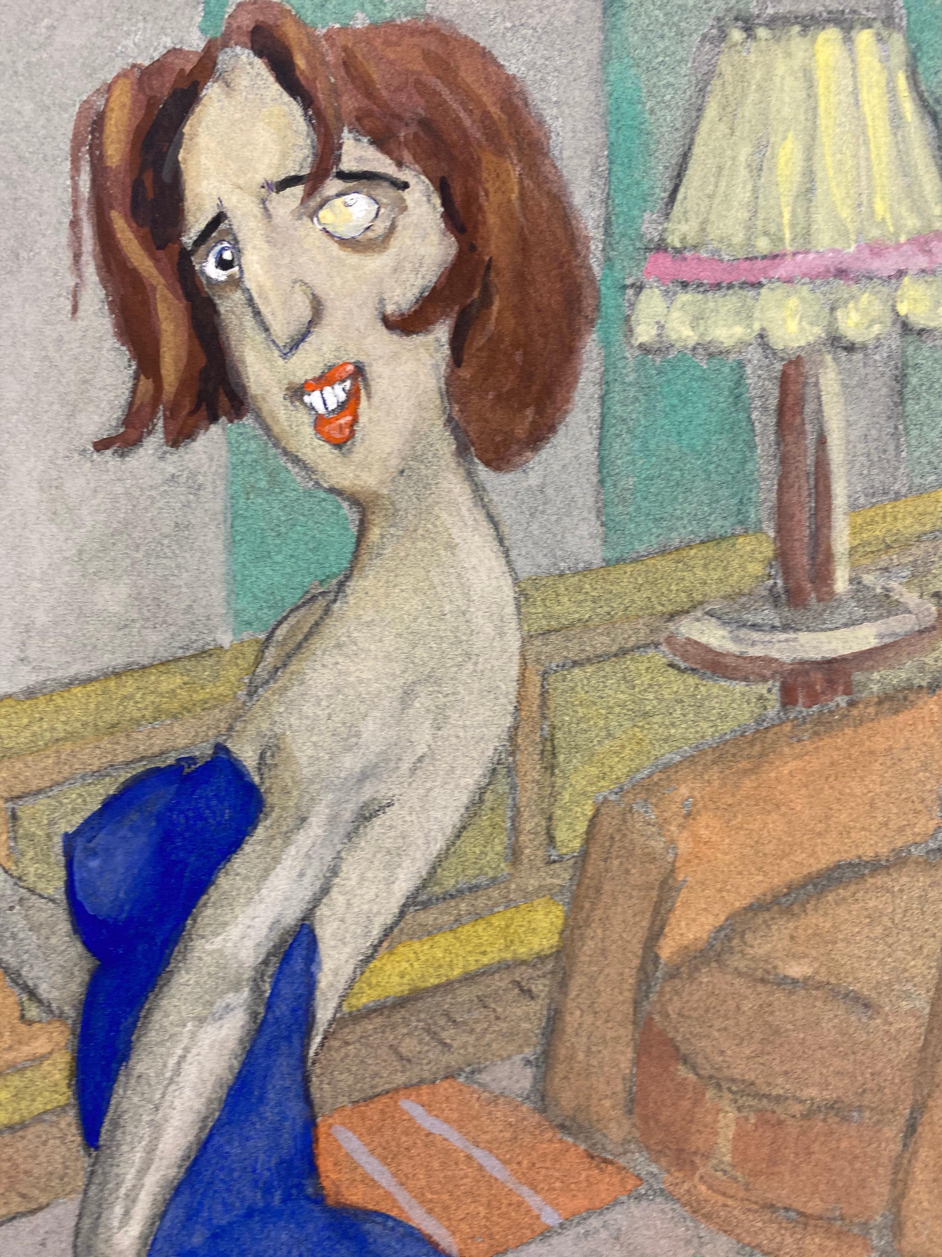 1960's French Portrait Posed Lady In Blue Dress Caricature - Painting by Unknown