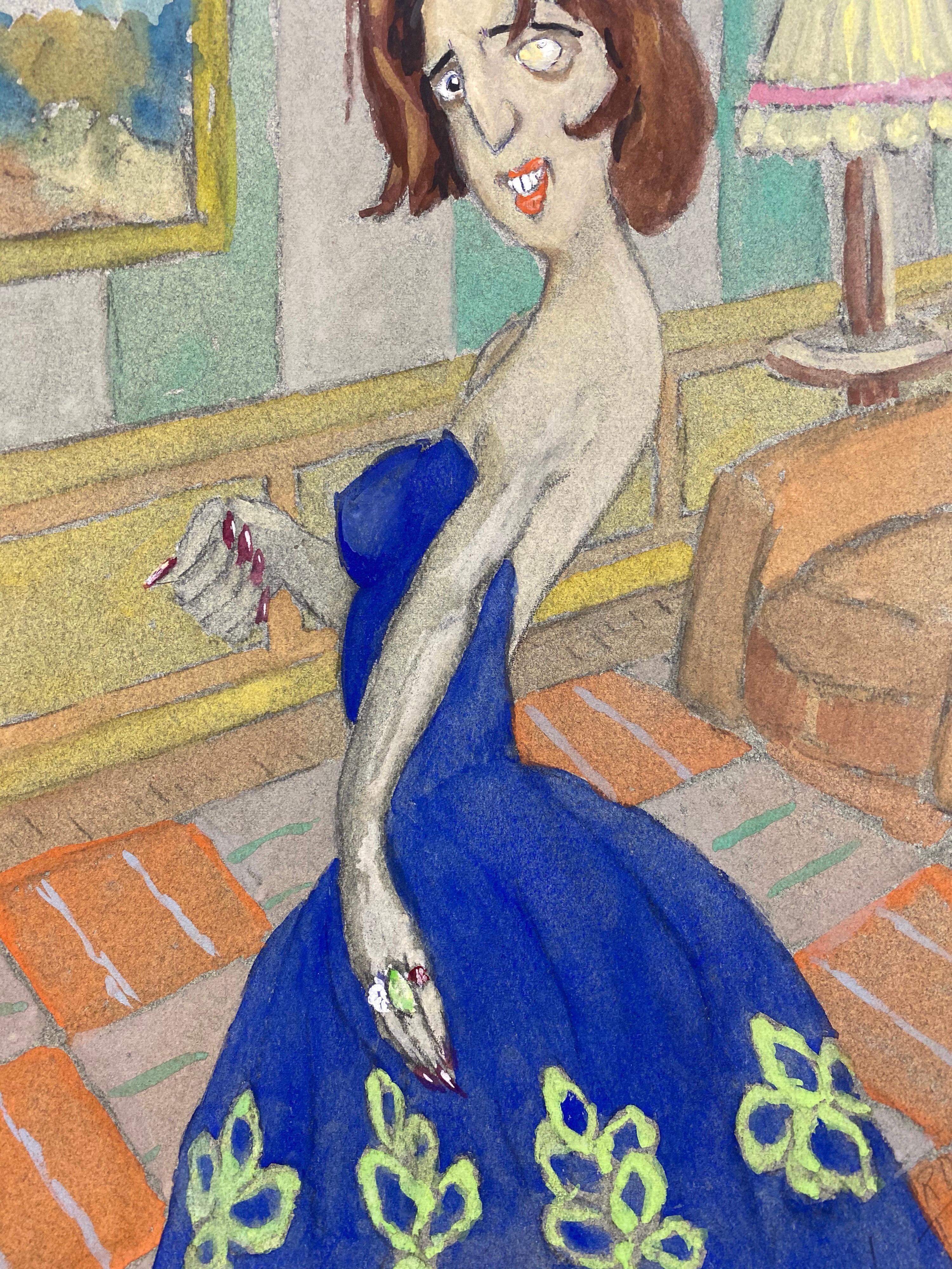 French Character Portrait
French school, Mid 20th Century
Gouache paint on unframed paper
signed lower corner
Image: 12.5 x 9.5 inches

Superbly decorative 1960's French portrait painting. Ideal for many interiors! So stylish and utterly evocative