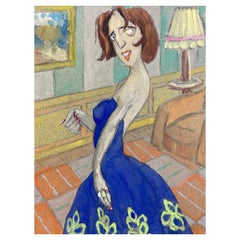 1960's French Portrait Posed Lady In Blue Dress Caricature