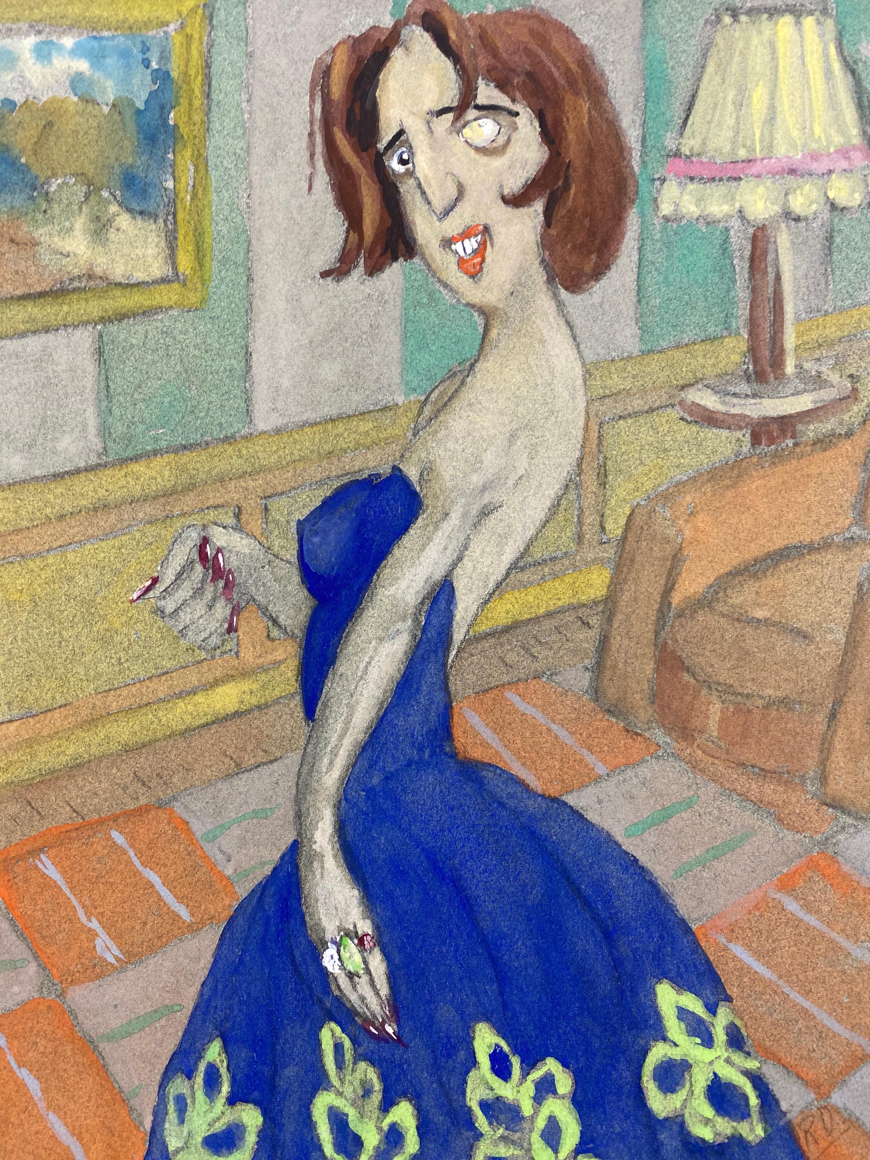 Französisches Porträt, blaues Kleid, Porträt, dargestellte Dame, Karikatur, 1960er Jahre