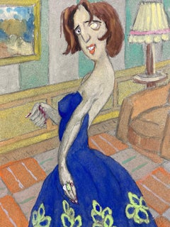 Retro 1960's French Portrait Posed Lady In Blue Dress Caricature