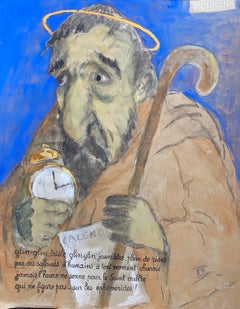 French Mid Century Character Portrait Halo Figure Gouache Painting