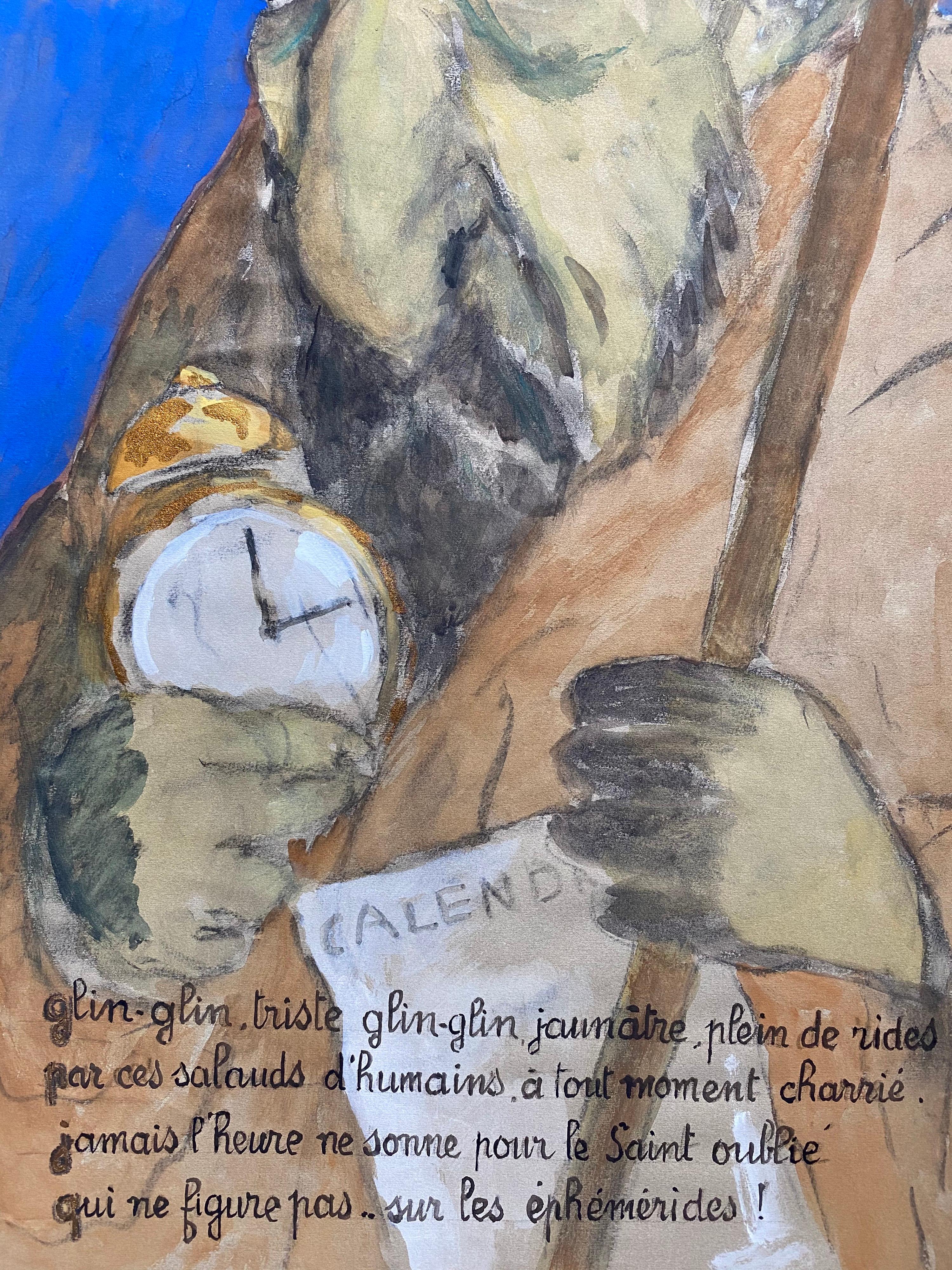 Französisches, religiöses Porträt eines alten Mannes aus den 1960er Jahren, Karikatur (Grau), Portrait Painting, von Unknown