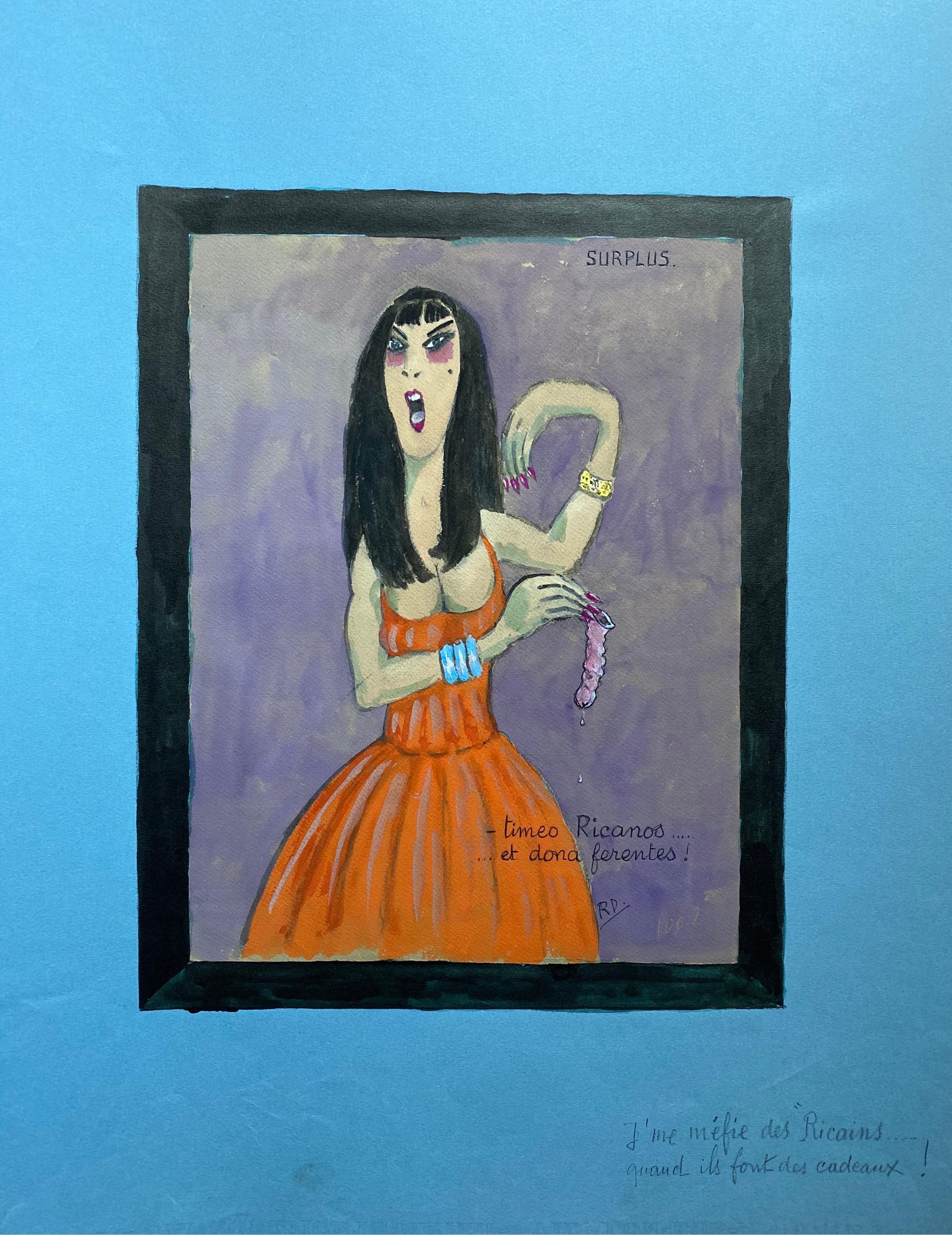 1960's French Portrait Shocked Lady Holding Used Condom - Caricature - Painting by Unknown