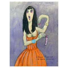 1960's French Portrait Shocked Lady Holding Vintage Condom - Caricature