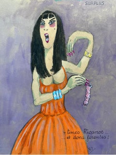 Ritratto francese degli anni '60 Signora scioccata con in mano un preservativo usato - Caricatura