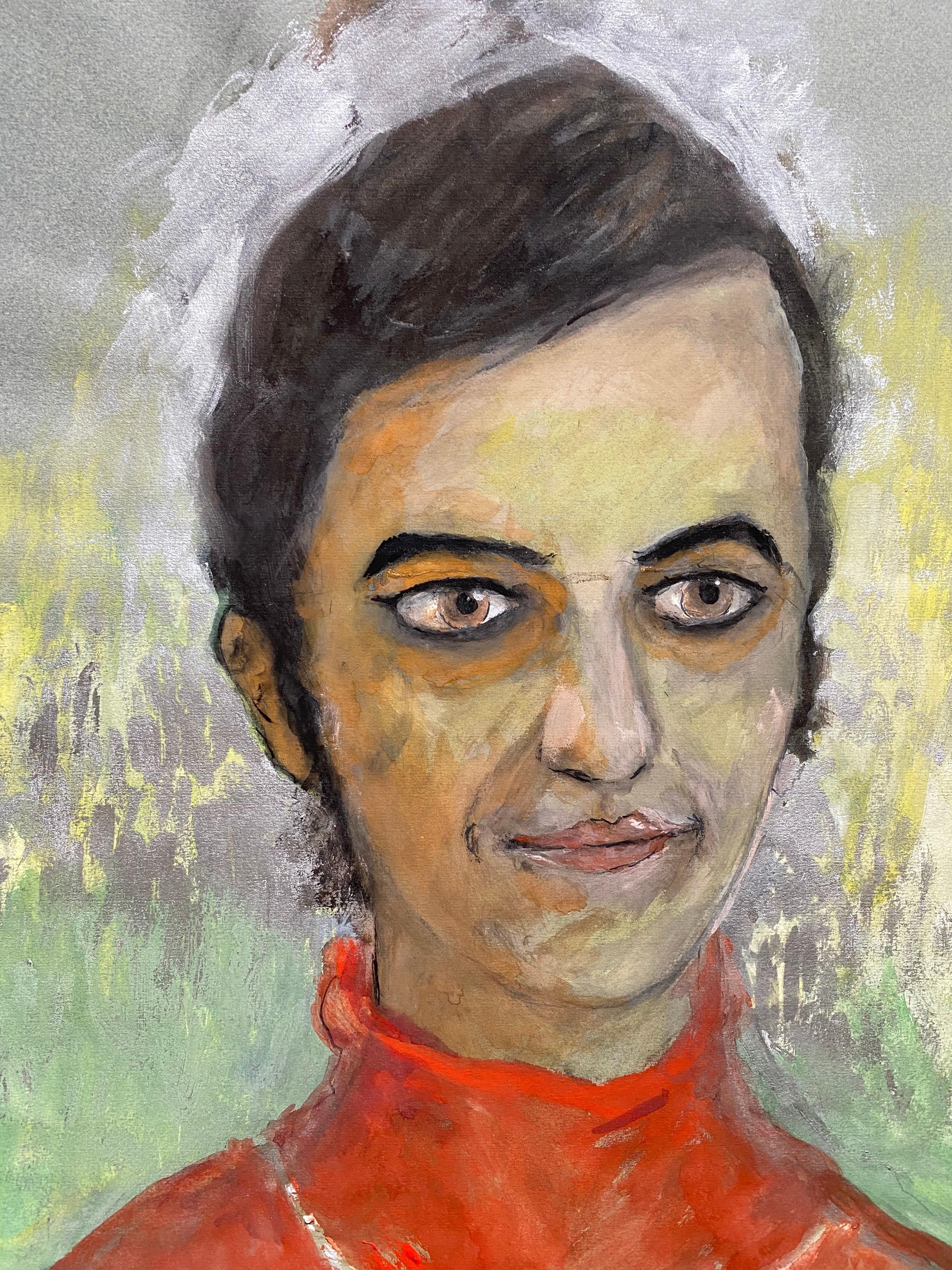 Portrait de femme tendre en caricature orange/rouge, France, années 1960 - Marron Portrait Painting par Unknown