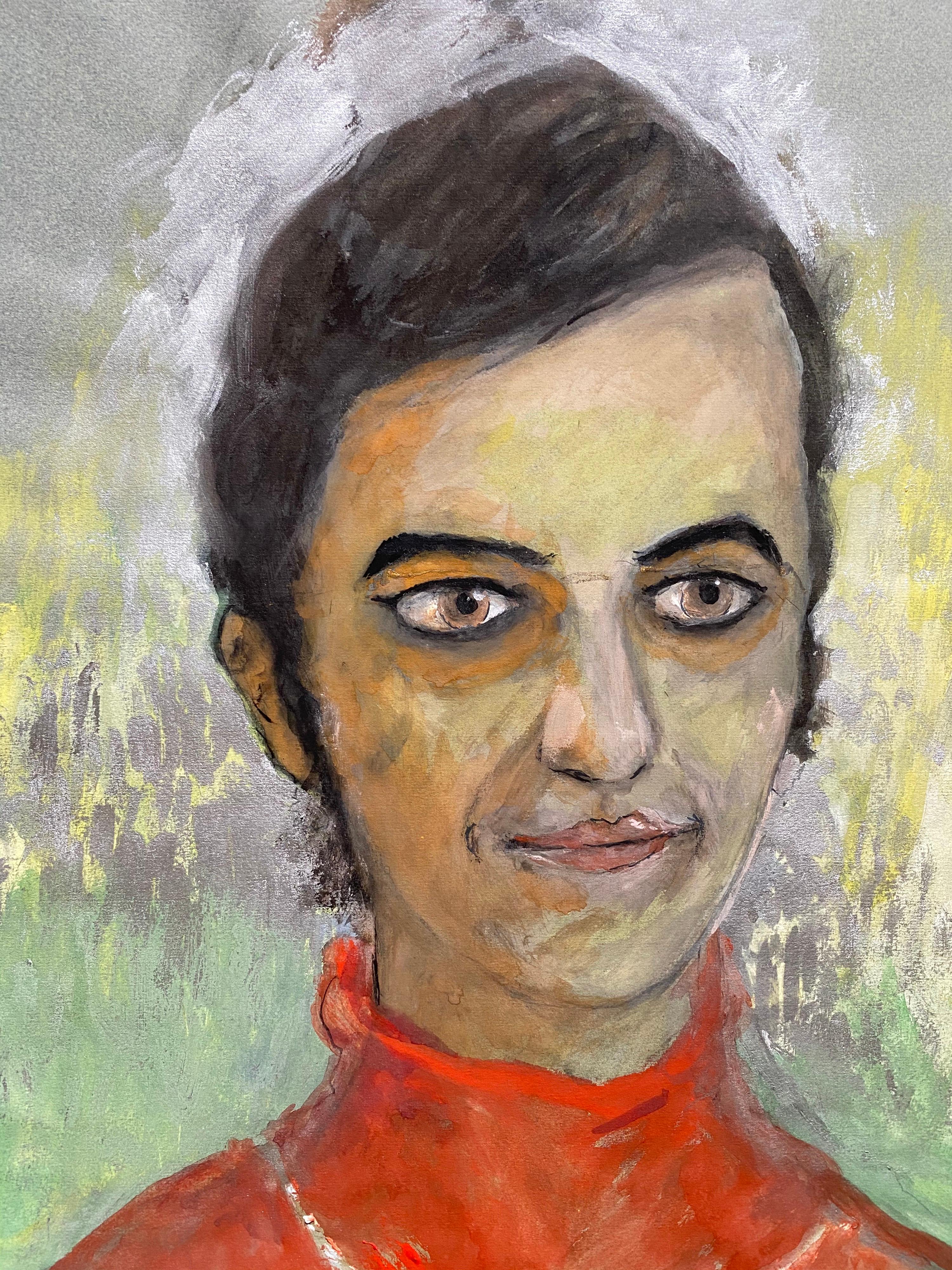 Französisches Porträt einer weichen Dame aus den 1960er Jahren in Orange/Rot-Karikatur (Impressionismus), Painting, von Unknown