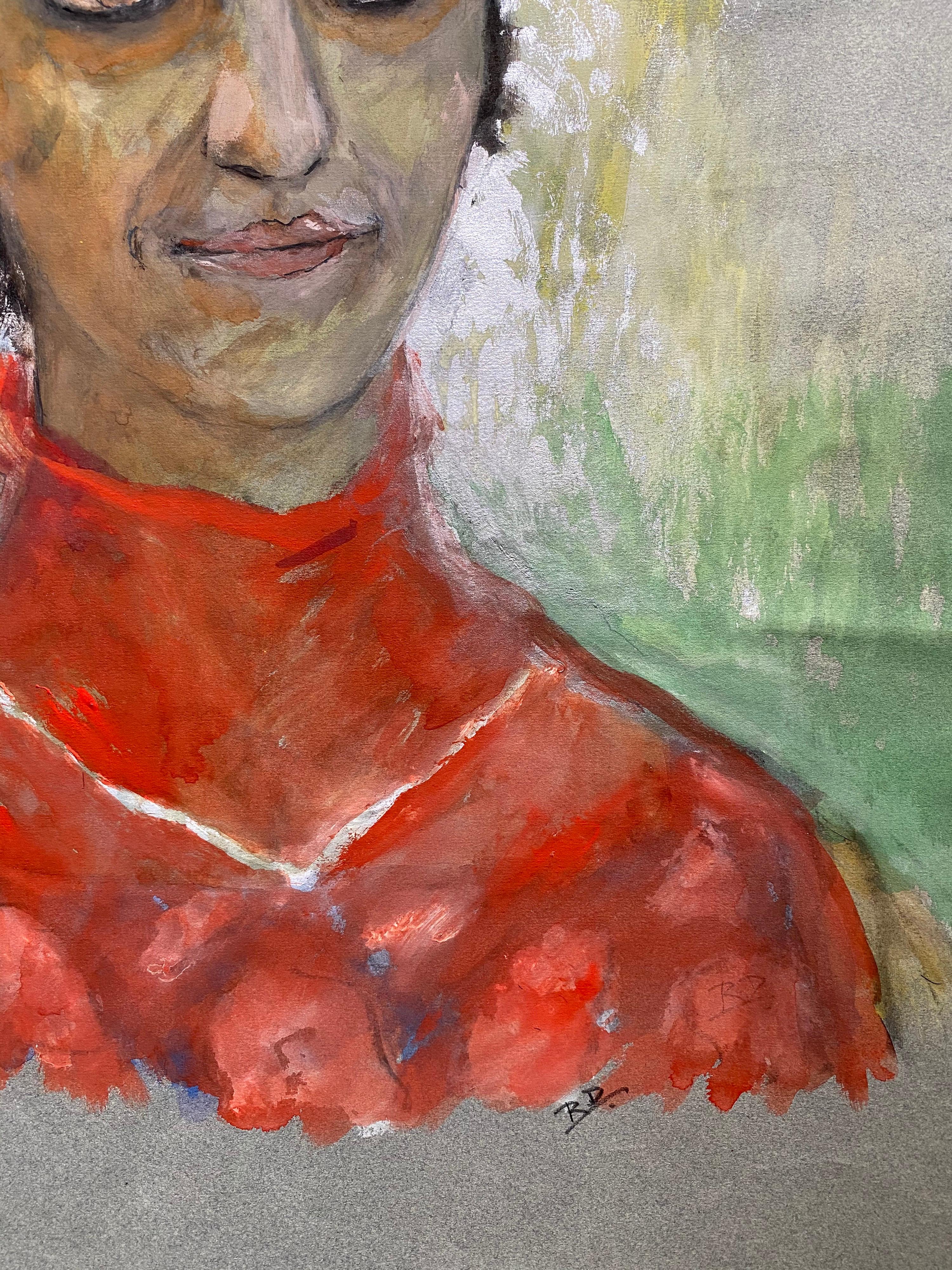 Französisches Porträt einer weichen Dame aus den 1960er Jahren in Orange/Rot-Karikatur (Braun), Portrait Painting, von Unknown