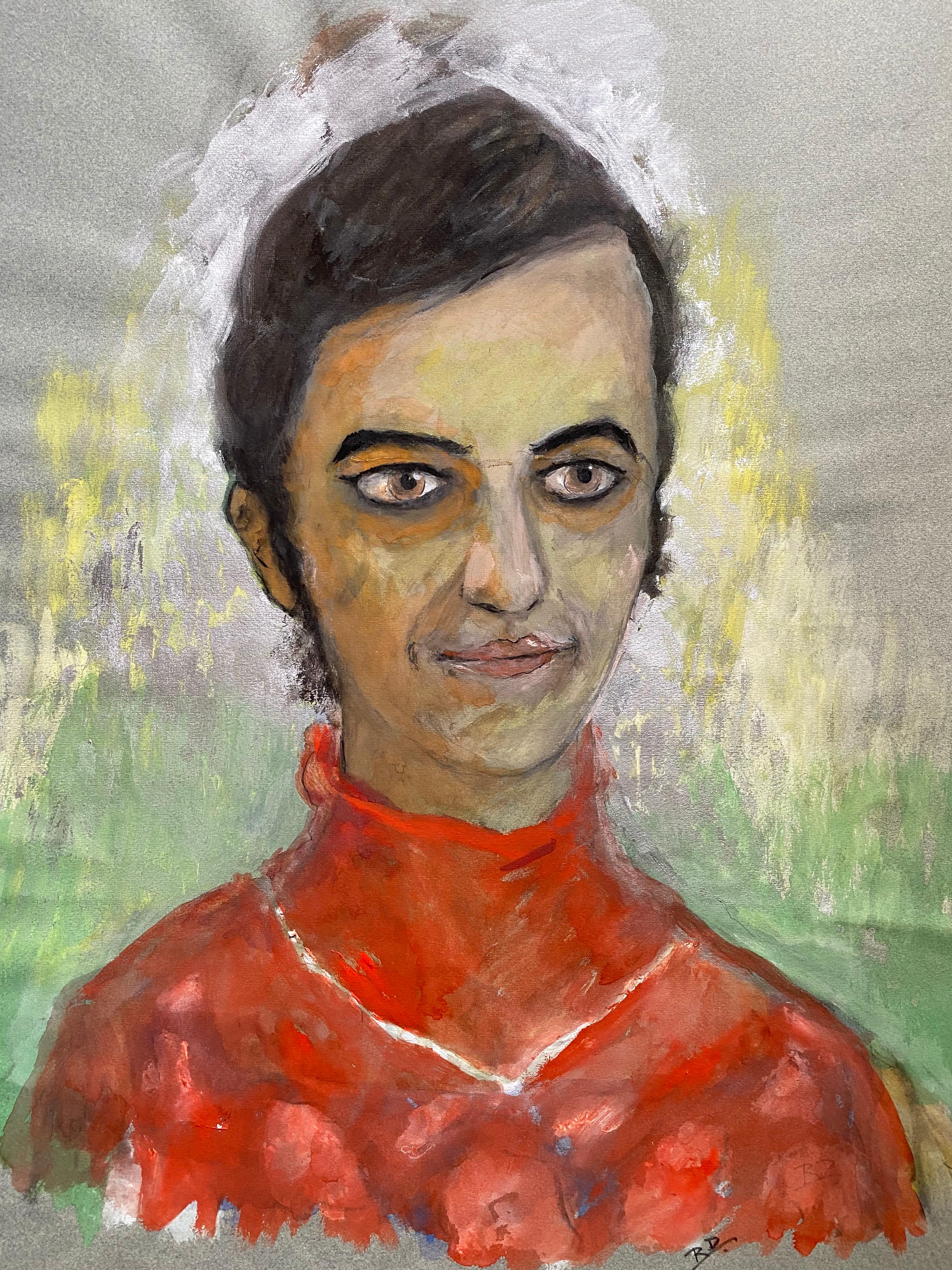 Retrato francés de los años 60 Dama suave en caricatura naranja/roja
