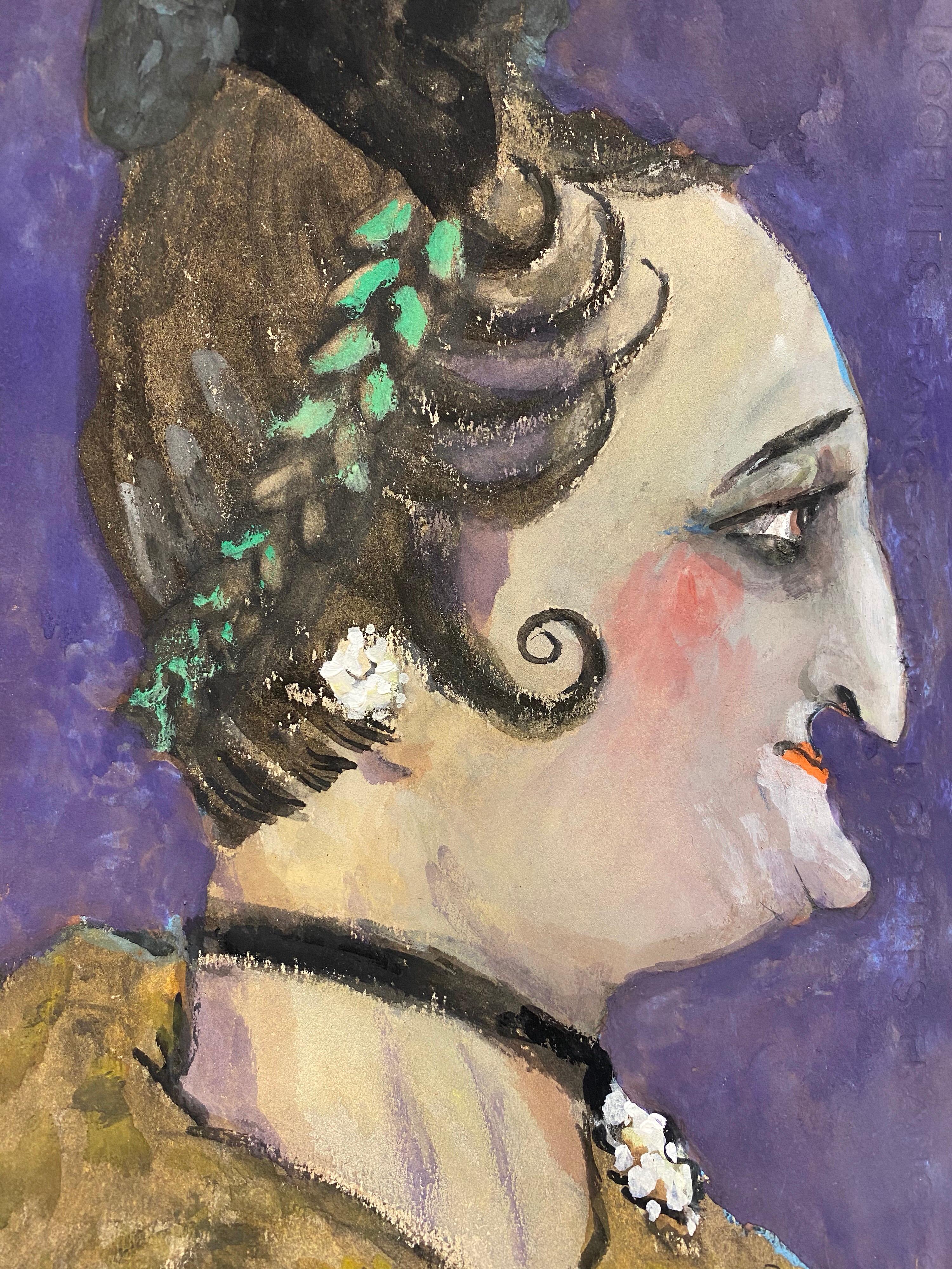 1960's French Portrait Styled Elegant Theatrical Lady Caricature - Painting by Unknown