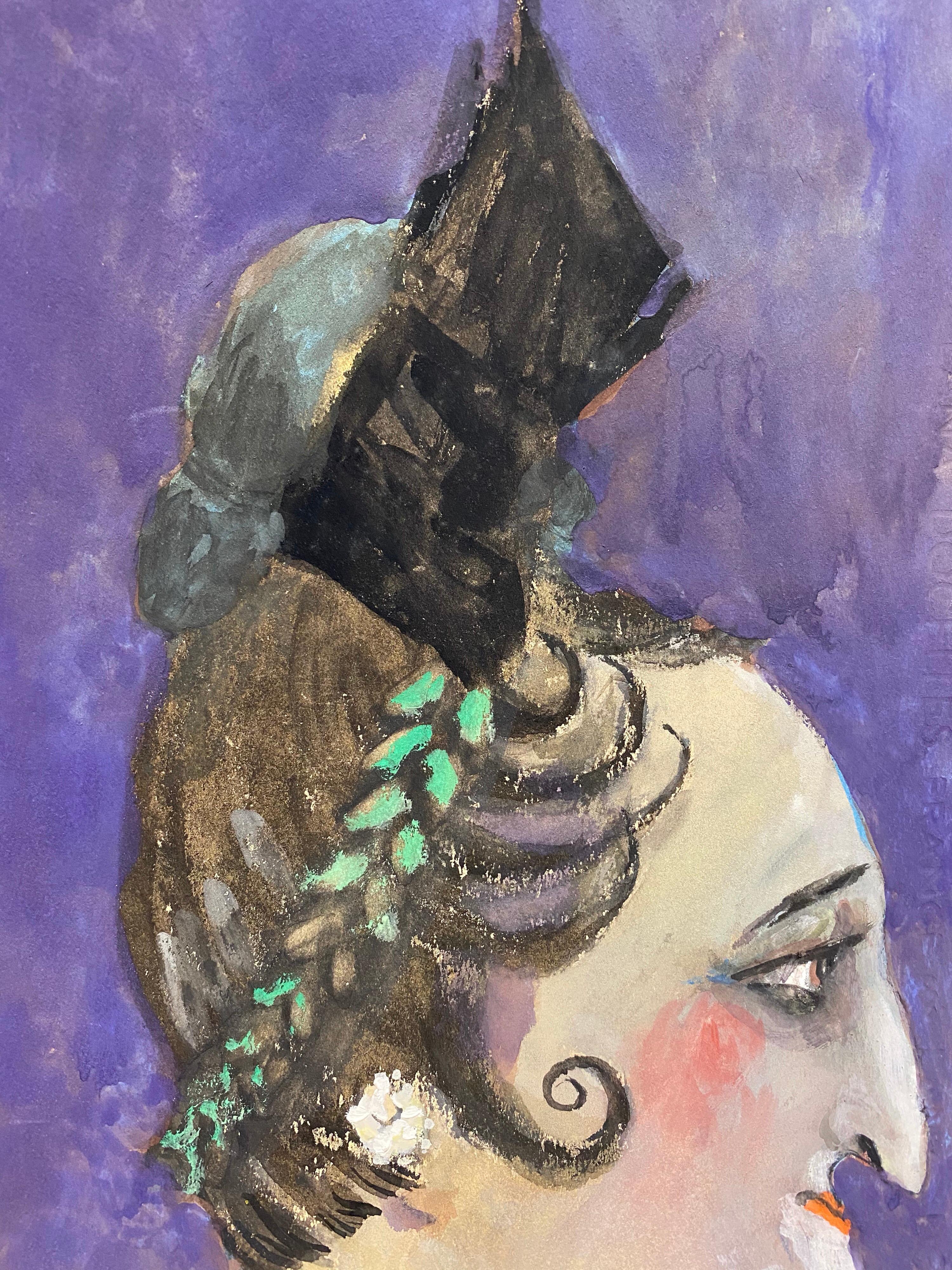 1960's French Portrait Styled Elegant Theatrical Lady Caricature - Gray Portrait Painting by Unknown