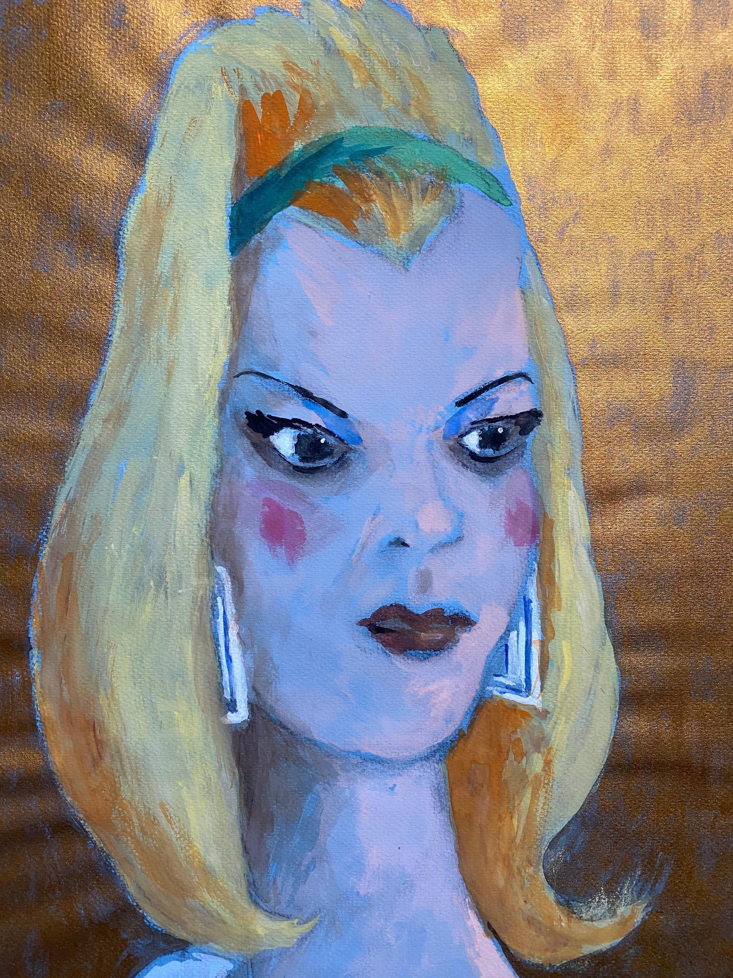 1960's French Portrait Stylish Caricature Fashion Model Young Lady - Painting by Unknown