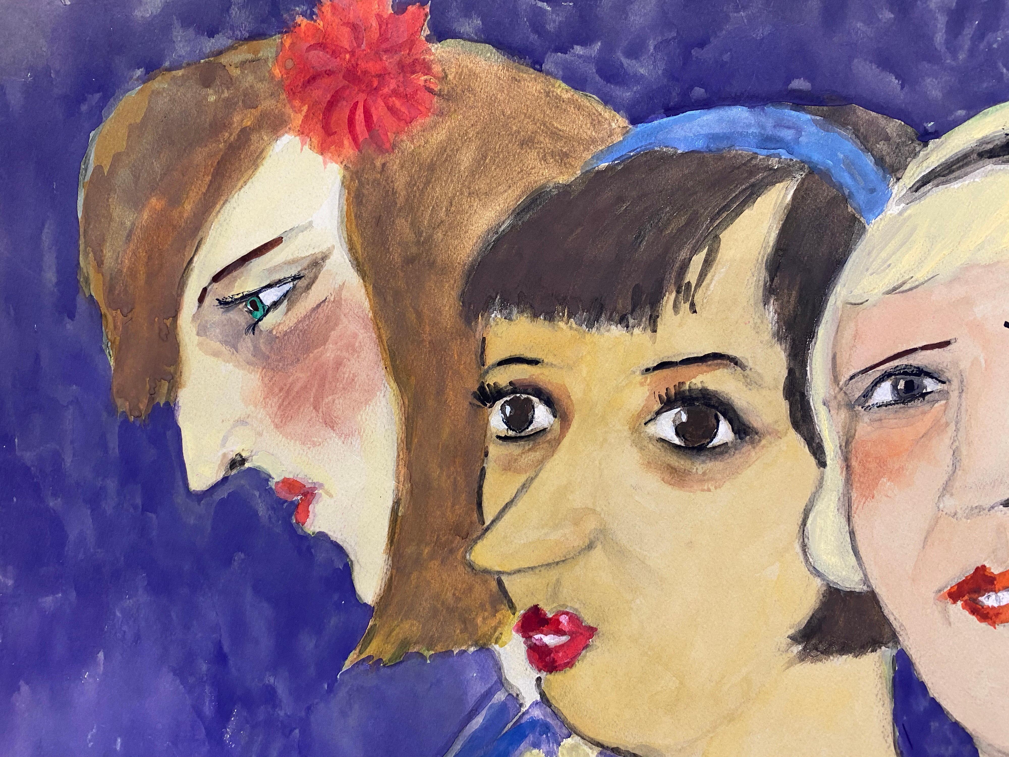 1960's French Portrait Three Art Deco Ladies Caricature - Brown Portrait Painting by Unknown