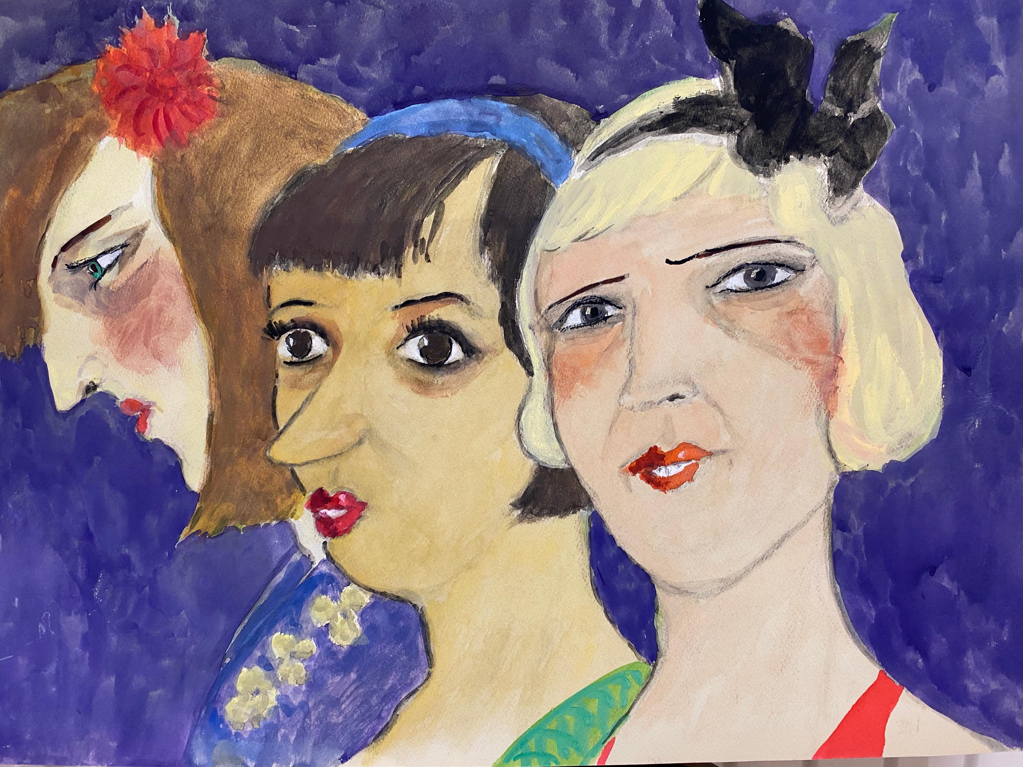 1960's French Portrait Three Art Deco Ladies Caricature For Sale 1