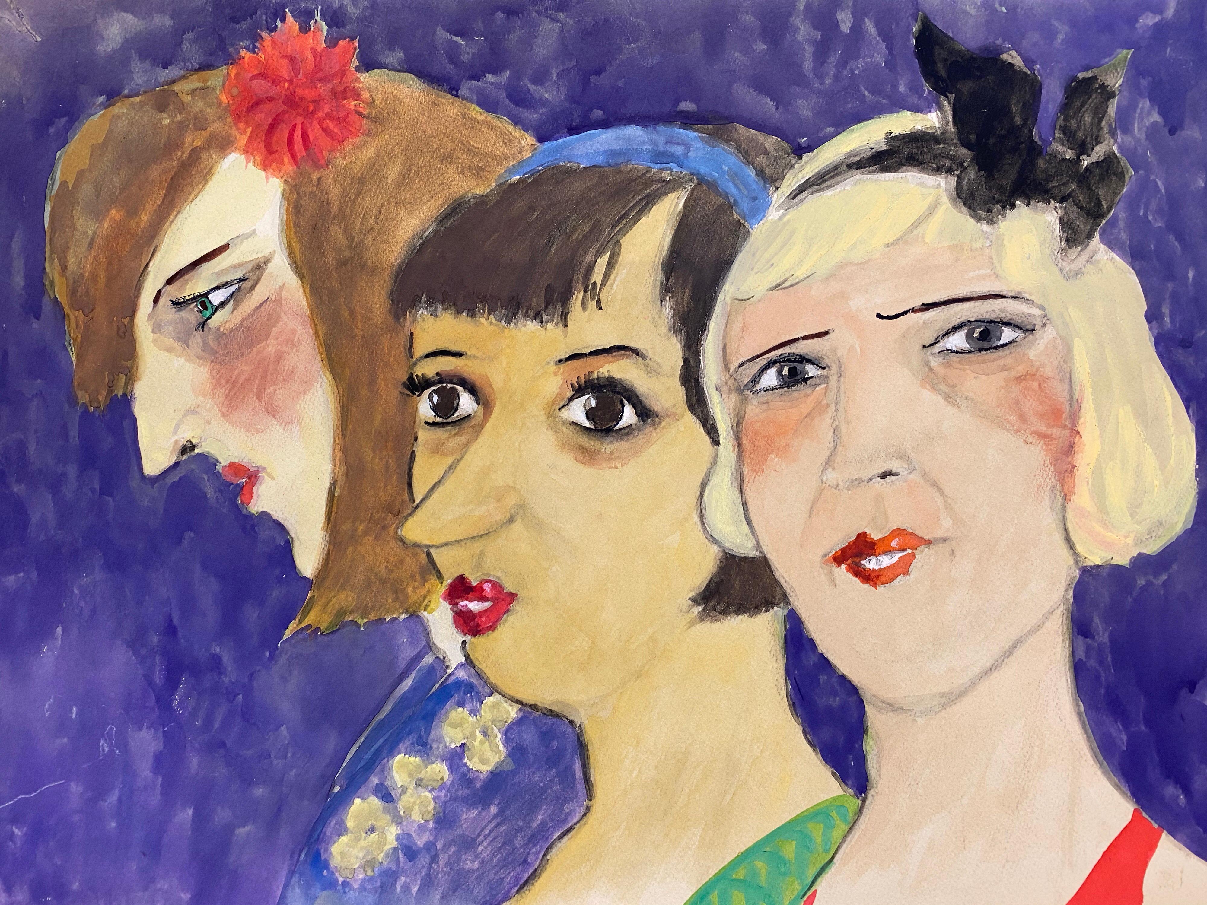 Unknown Figurative Painting - 1960's French Portrait Three Art Deco Ladies Caricature