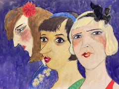 1960's French Portrait Three Art Deco Ladies Caricature