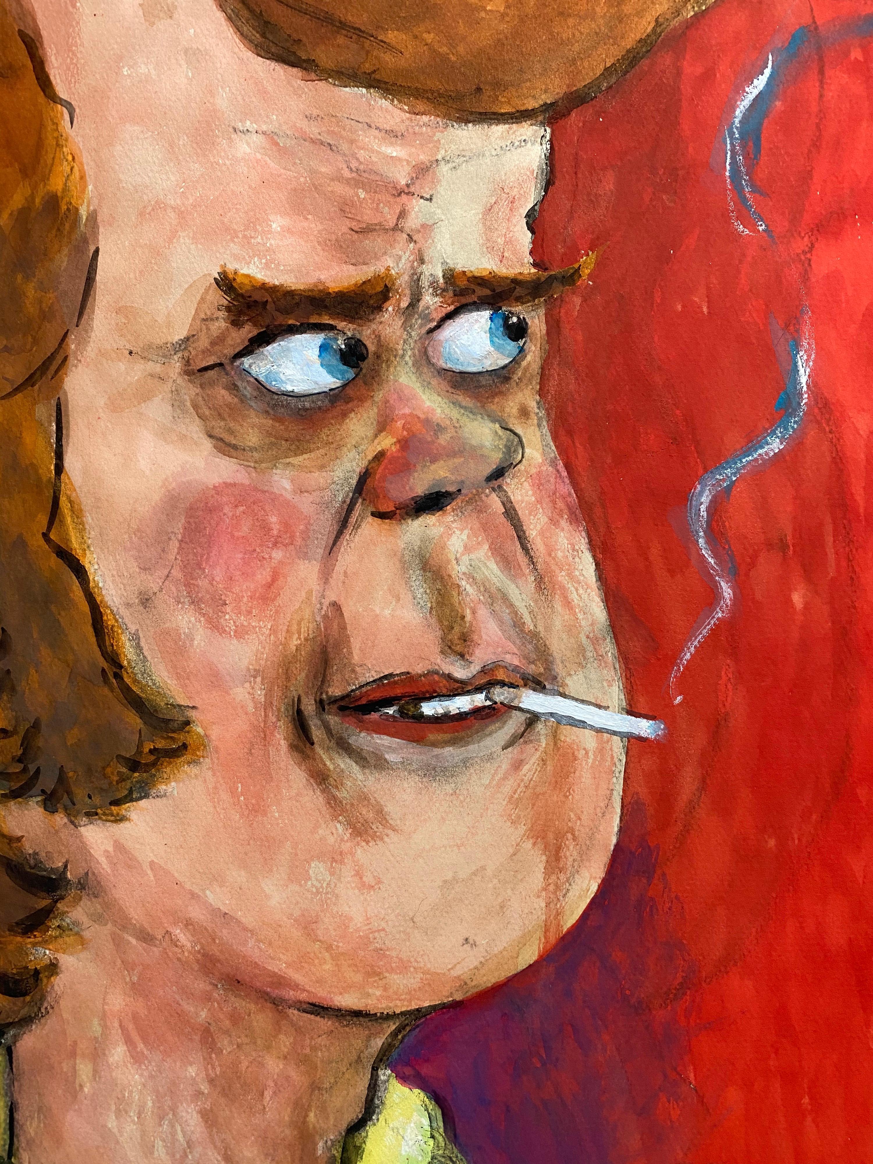 1960's French Portrait Wacky Smoker Caricature of Young Man with Cigarette - Painting by Unknown