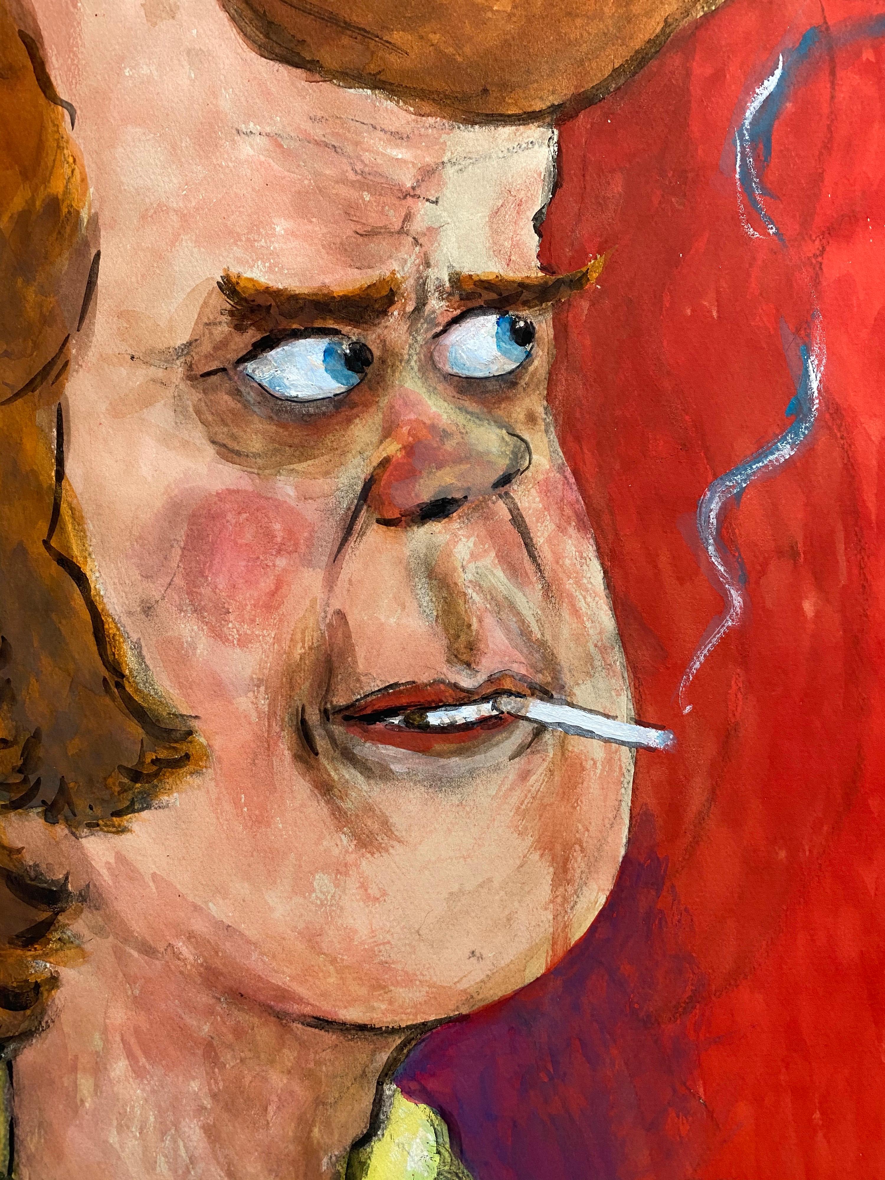 Französische Porträt-Karikatur eines jungen Mannes mit Zigaretten, Wacky Smoker, 1960er Jahre (Impressionismus), Painting, von Unknown